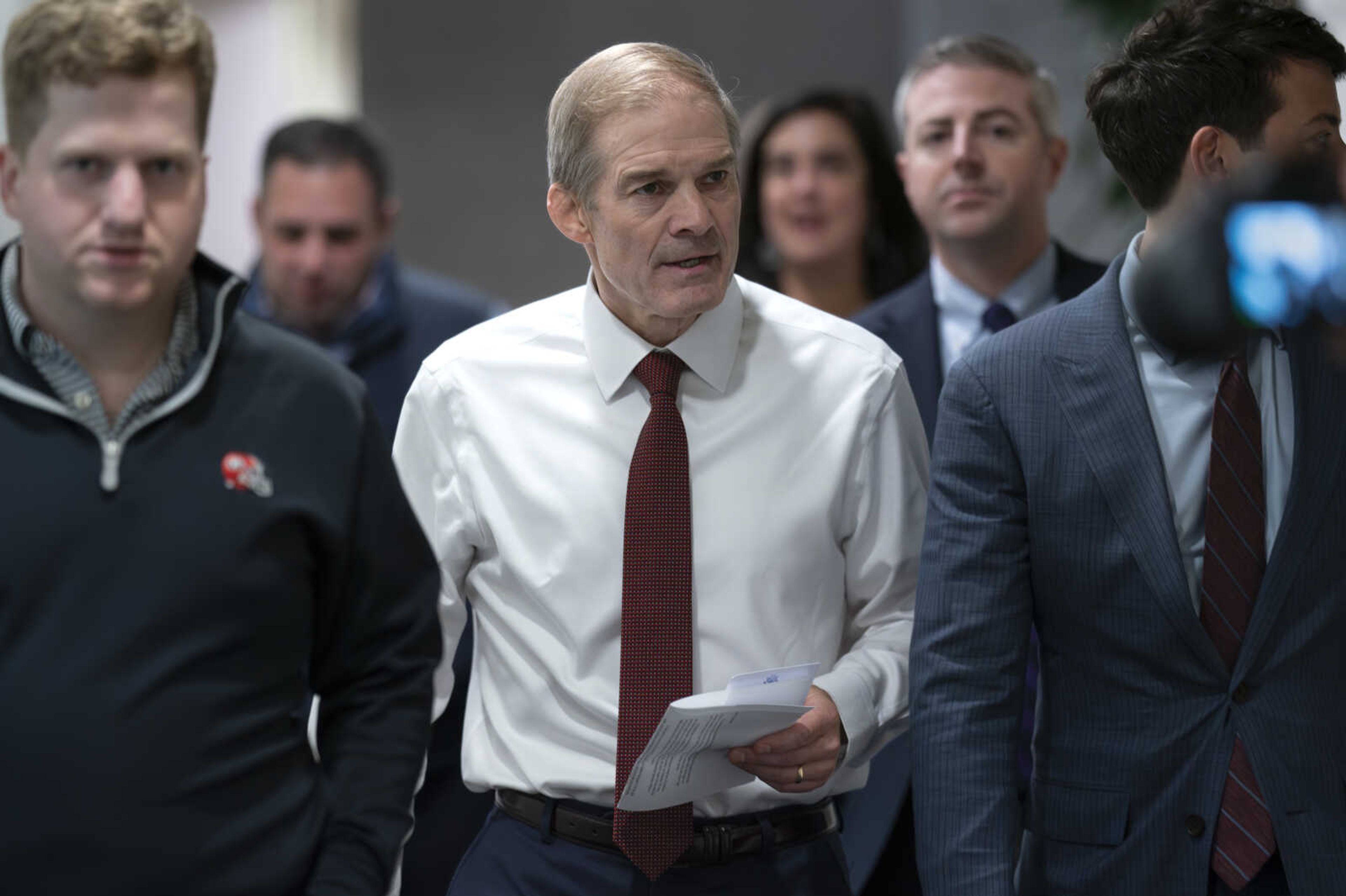 Rep. Jim Jordan, R-Ohio, chairman of the House Judiciary Committee, arrives as House Republicans meet behind closed doors to try to unite around him as their new nominee for speaker Monday at the Capitol in Washington. A floor vote that could turn into a showdown is set for midday Tuesday.