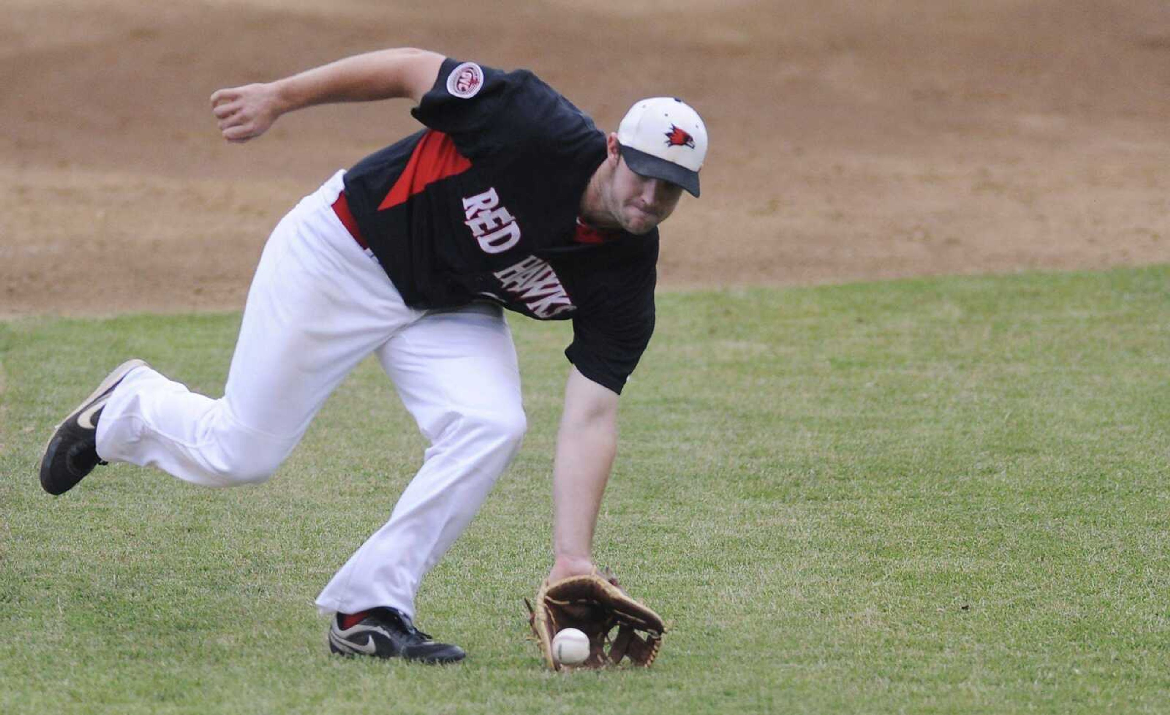 Southeast Missouri State third baseman Trenton Moses fields a ground ball during a game earlier this month at Capaha Field. (ADAM VOGLER)