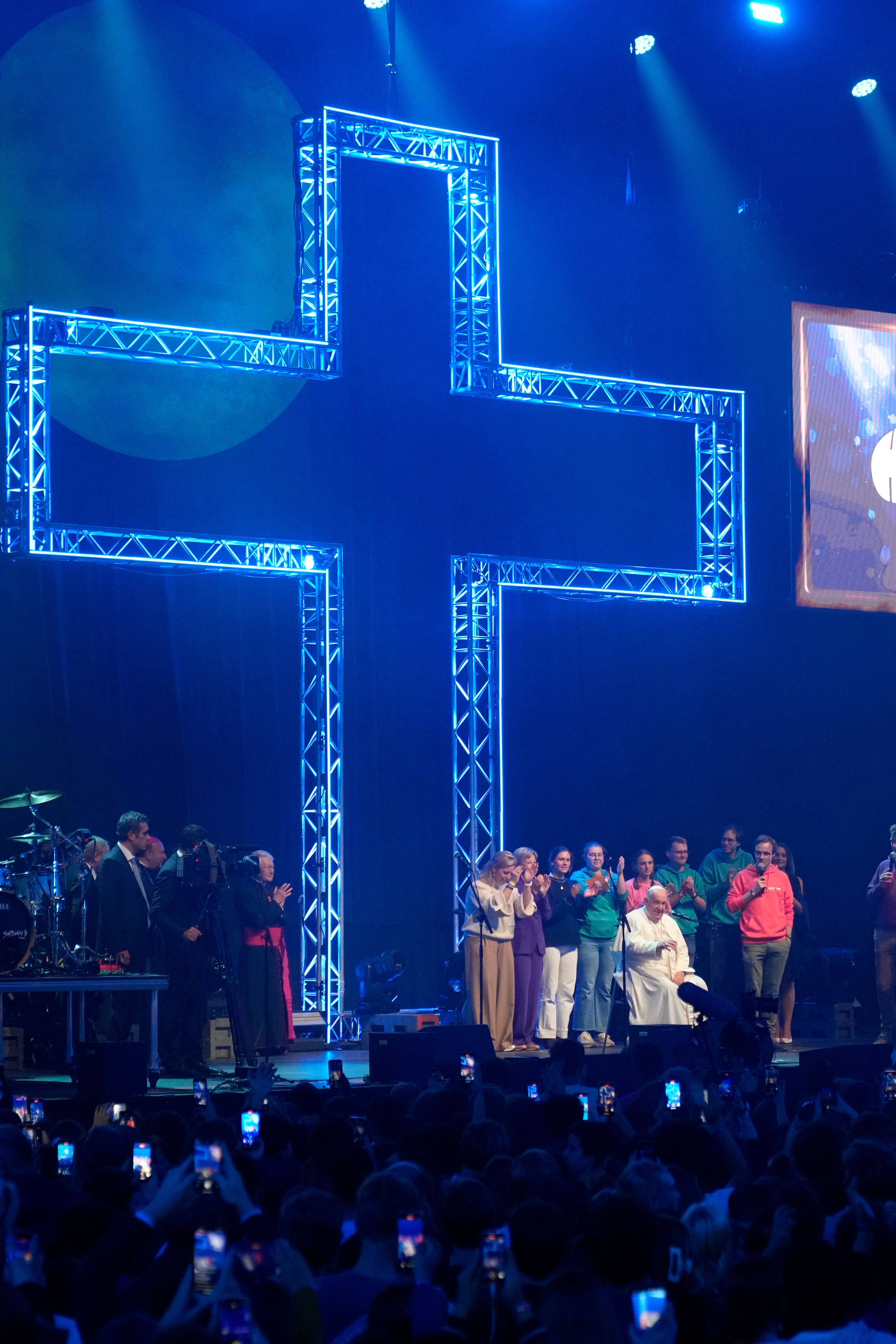 Pope Francis attends the Hope Happening youth festival at the Brussels Expo, Belgium, Saturday, Sept. 28, 2024, on the third day of his four-day visit to Luxembourg and Belgium. (AP Photo/Andrew Medichini)