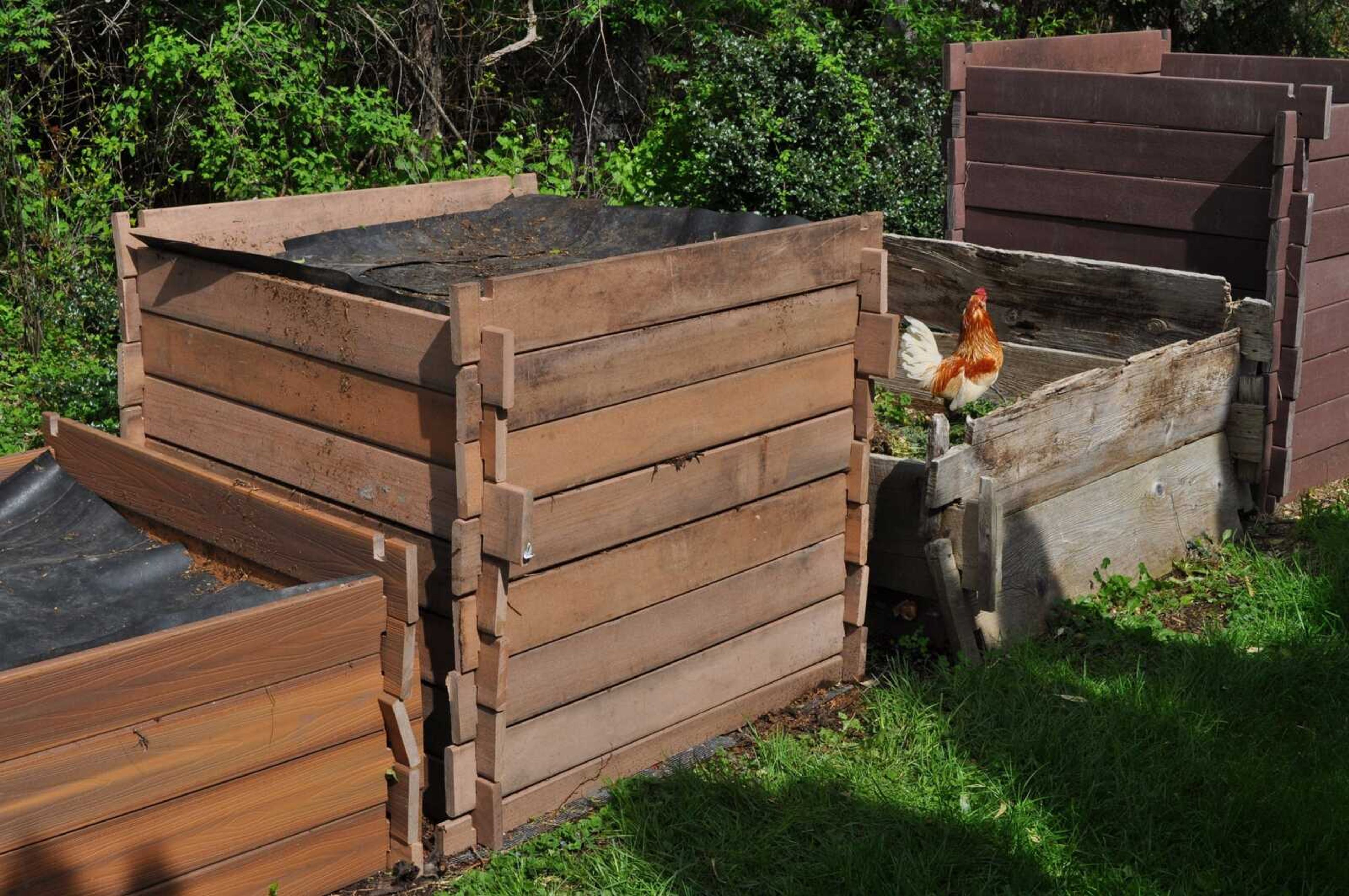 This undated photo shows compost bins in New Paltz, New York. A good compost bin makes easy work of adding ingredients or removing compost and also fends off scavengers and retains heat and moisture.