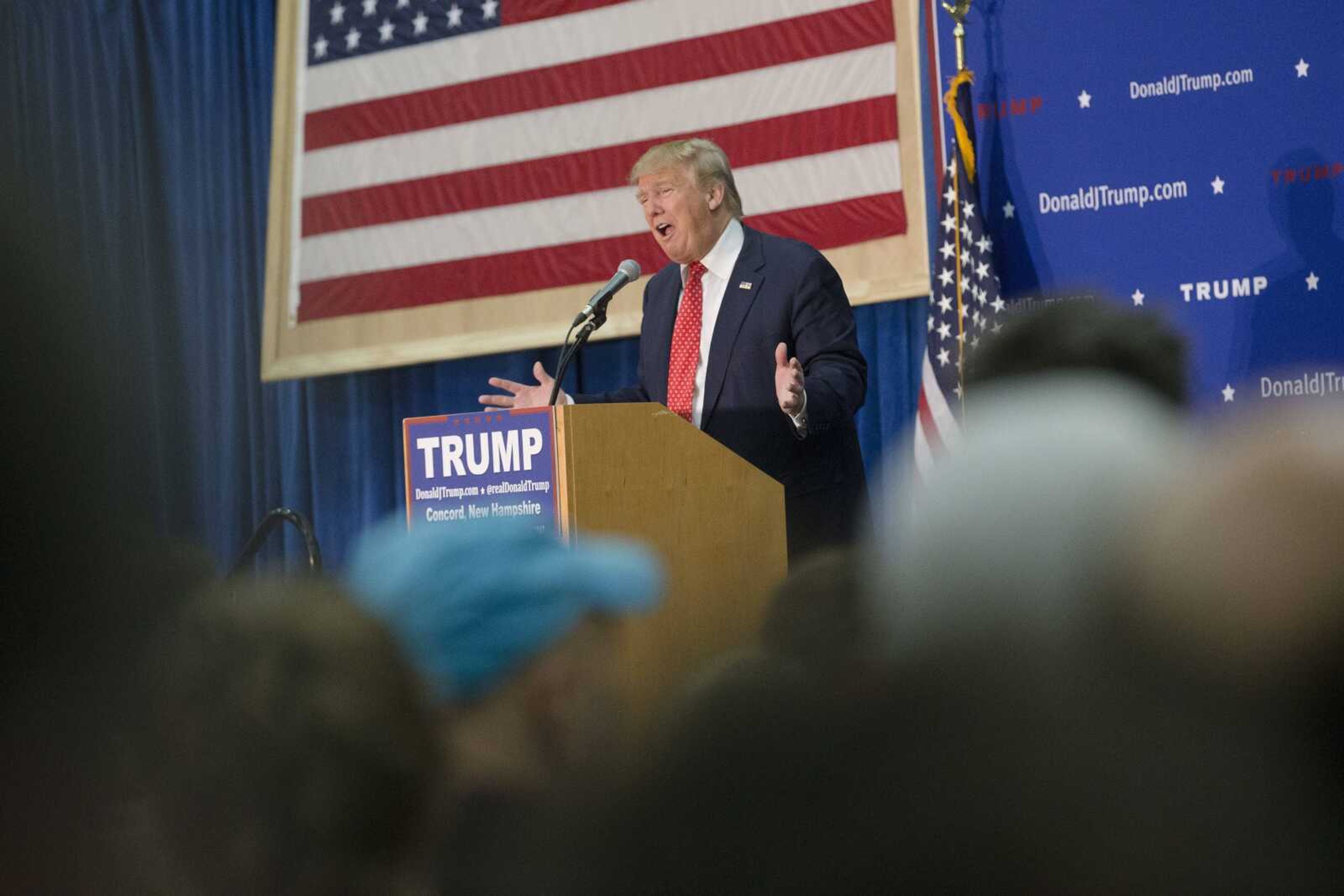 Republican presidential candidate Donald Trump speaks during a campaign stop Monday at Concord High School in Concord, New Hampshire. (John Minchillo ~ Associated Press)