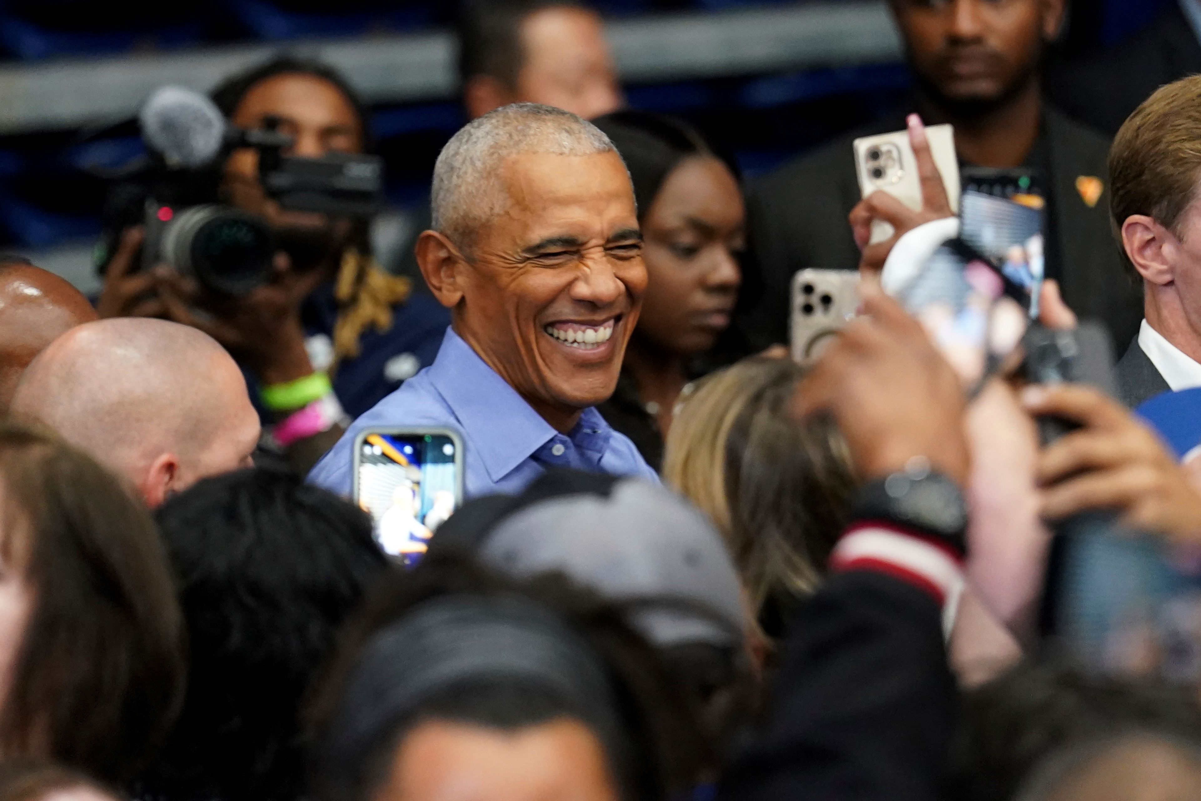 Former President Barack Obama greets attendees after speaking at a campaign rally supporting Democratic presidential nominee Vice President Kamala Harris, Thursday, Oct. 10, 2024, at the University of Pittsburgh's Fitzgerald Field House in Pittsburgh. (AP Photo/Matt Freed)