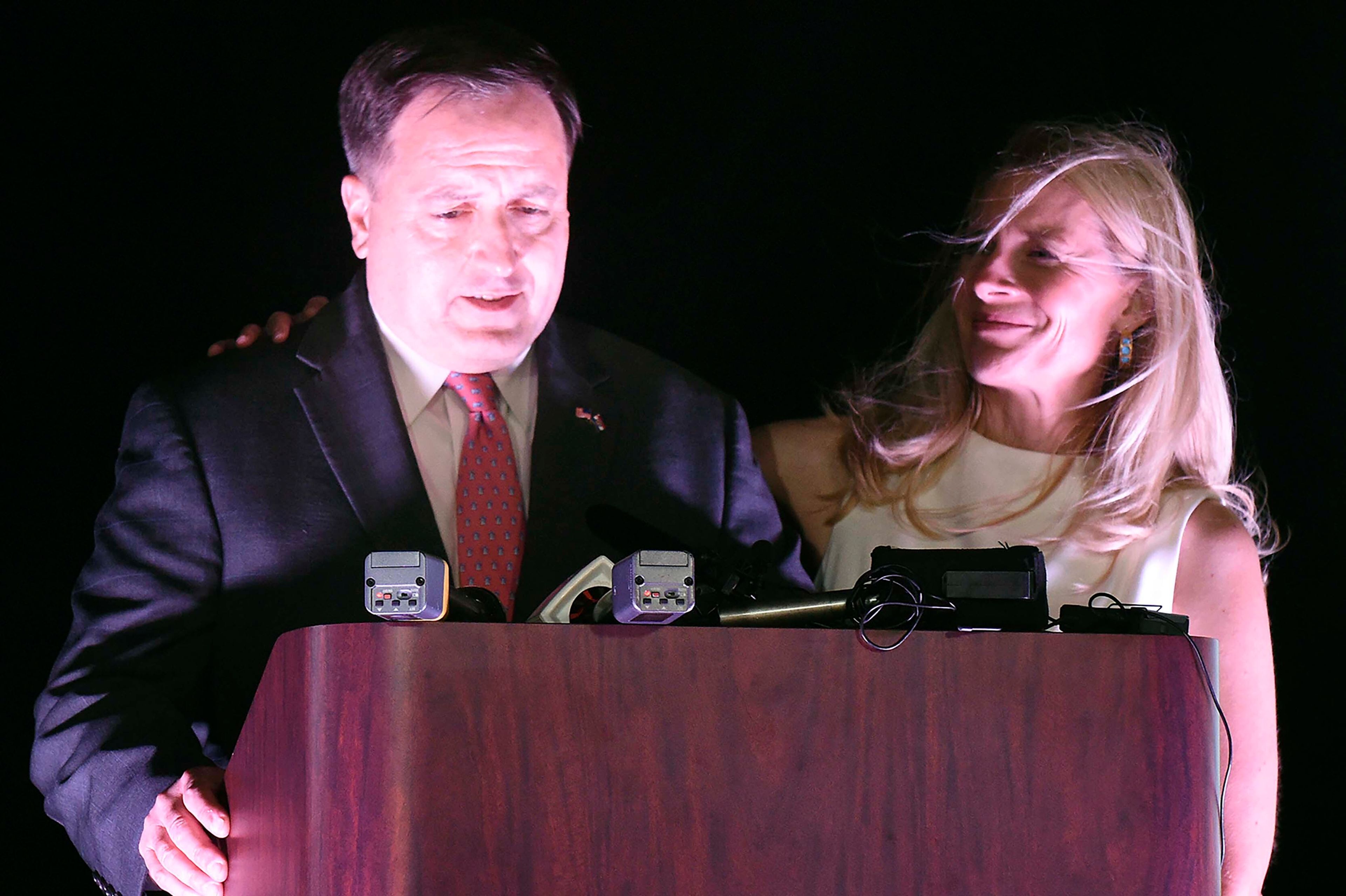 Jay Ashcroft makes a statement about his standing in the governor election on Tuesday, Aug. 6, 2024, in Springfield, Mo. (Sarah Voyles/Missourian via AP)