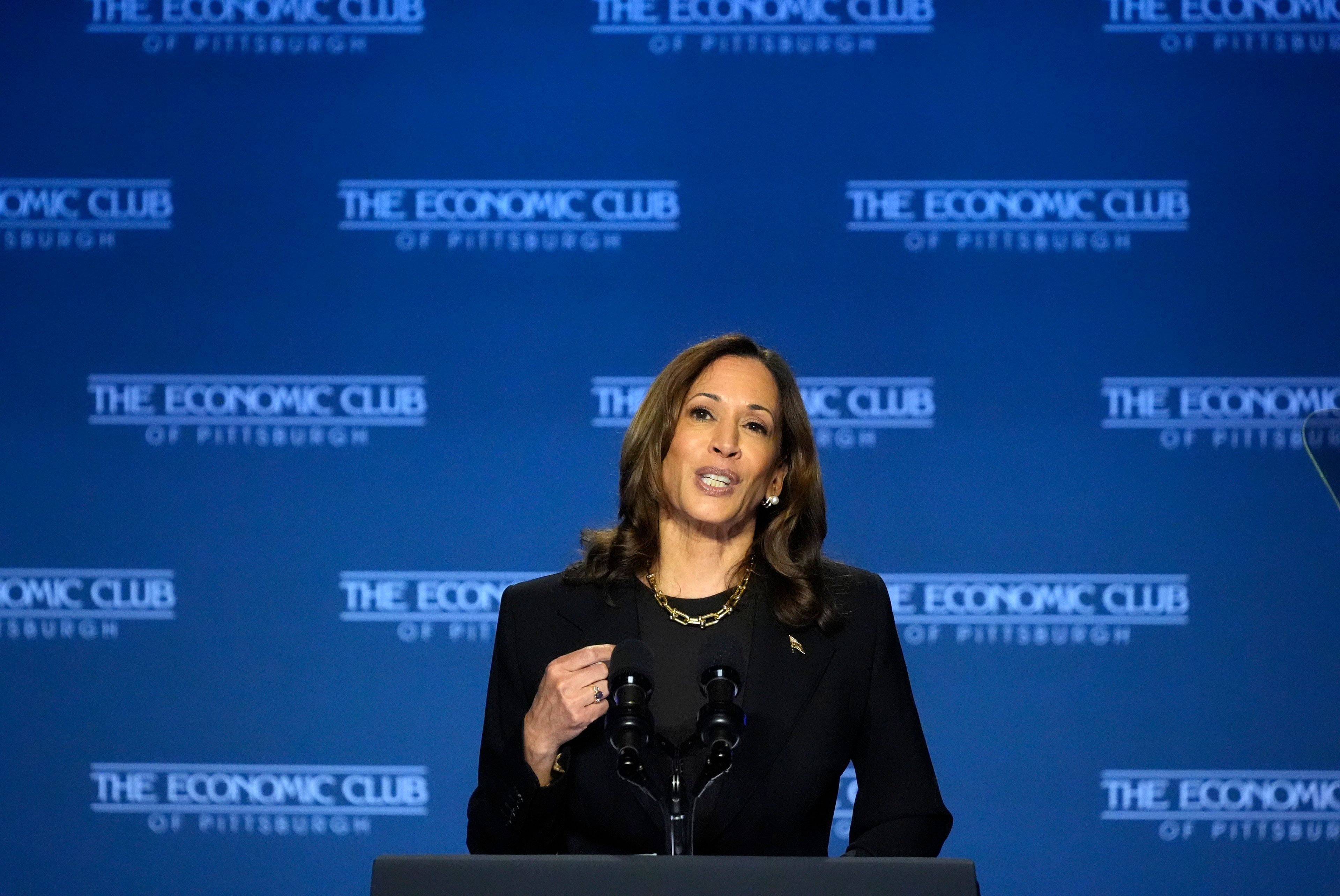 Democratic presidential nominee Vice President Kamala Harris addresses the Economic Club of Pittsburgh on the Carnegie Mellon University campus in Pittsburgh, Wednesday, Sept. 25, 2024. (AP Photo/Gene J. Puskar)