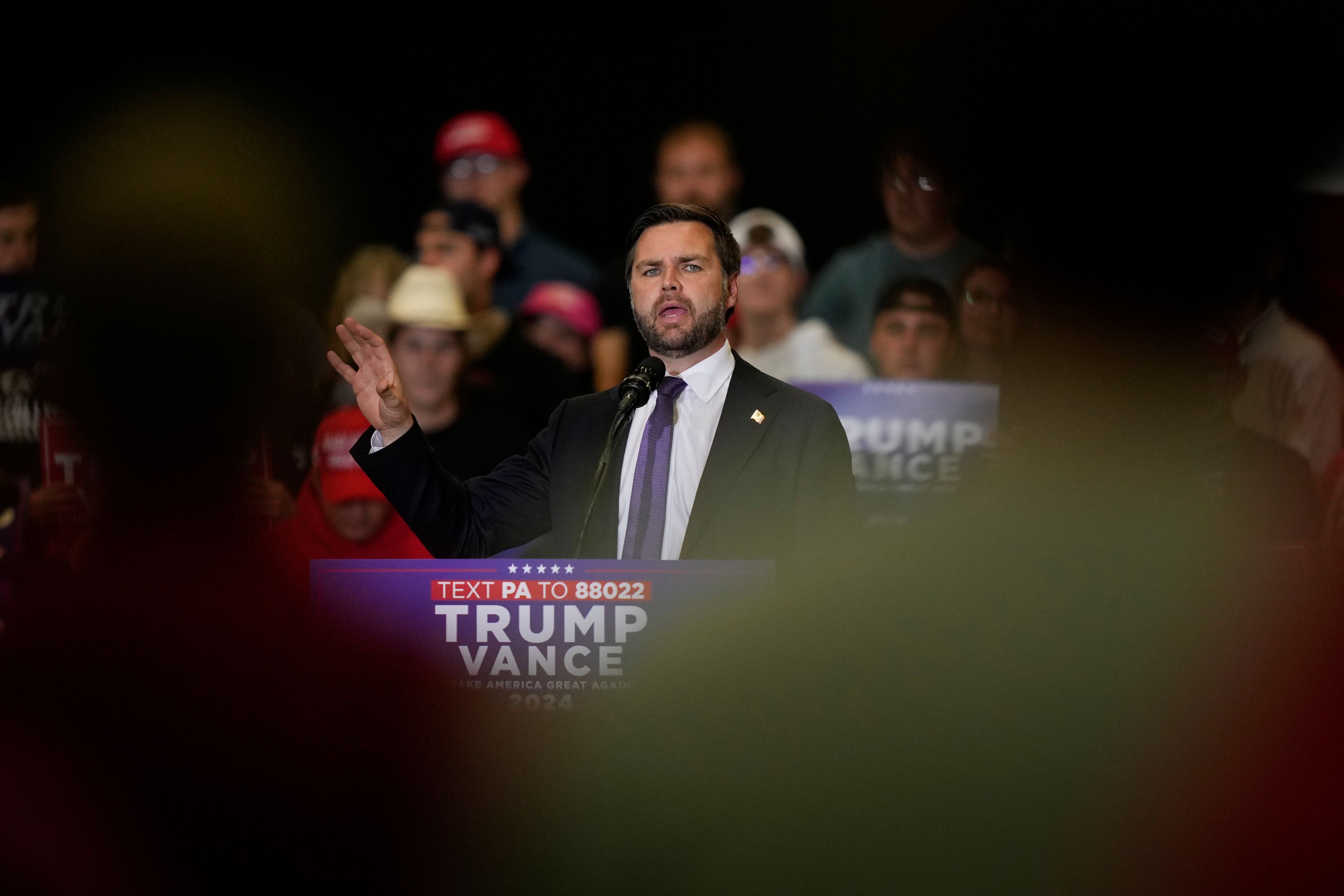 Republican vice presidential nominee Sen. JD Vance, R-Ohio, speaks during a campaign event, Wednesday, Oct. 16, 2024, in Williamsport, Pa. (AP Photo/Matt Rourke)