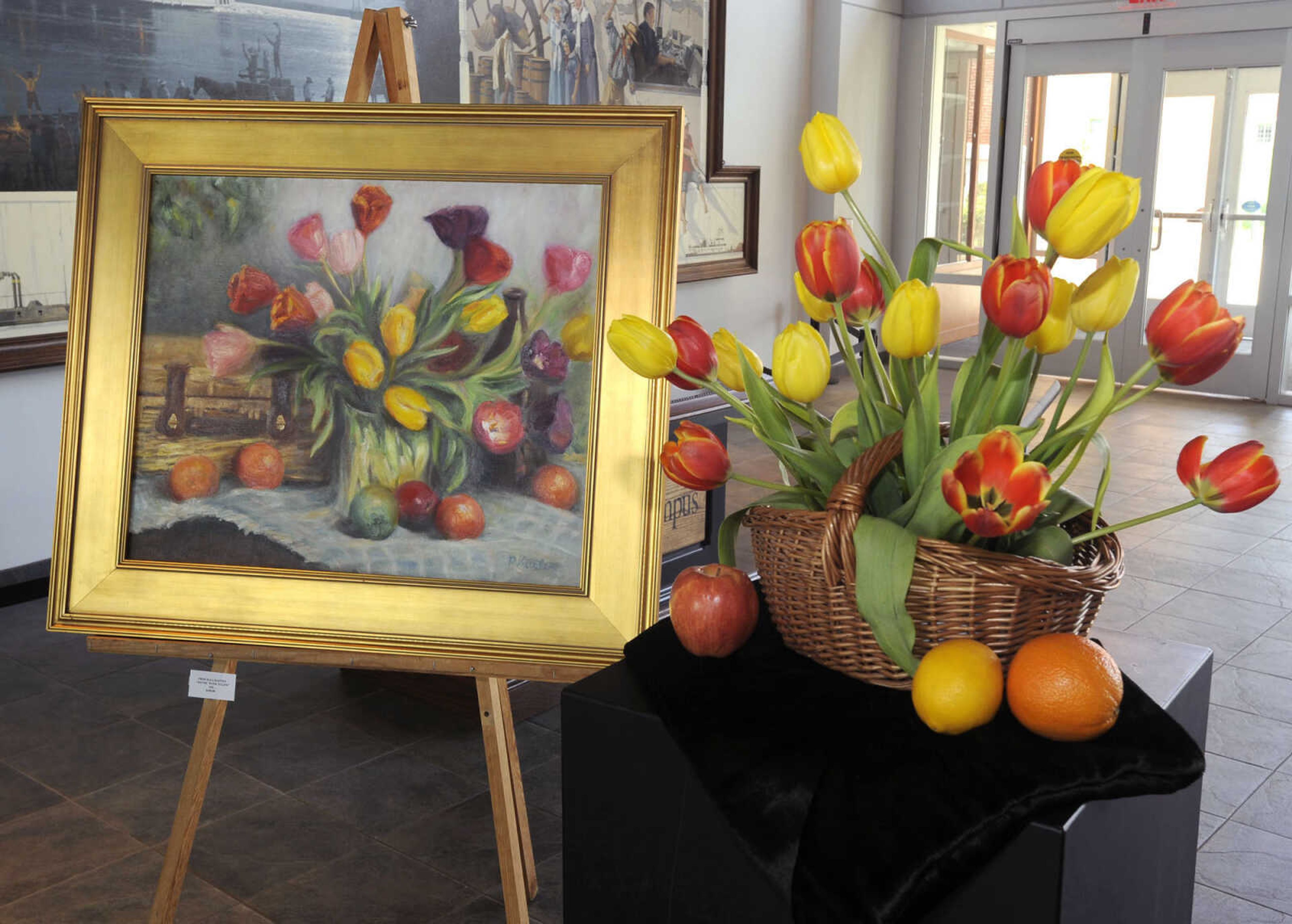 "Picnic With Tulips" oil by Priscilla Kasten, Designer: Edna Ruth Fischer, Four Seasons Garden Club