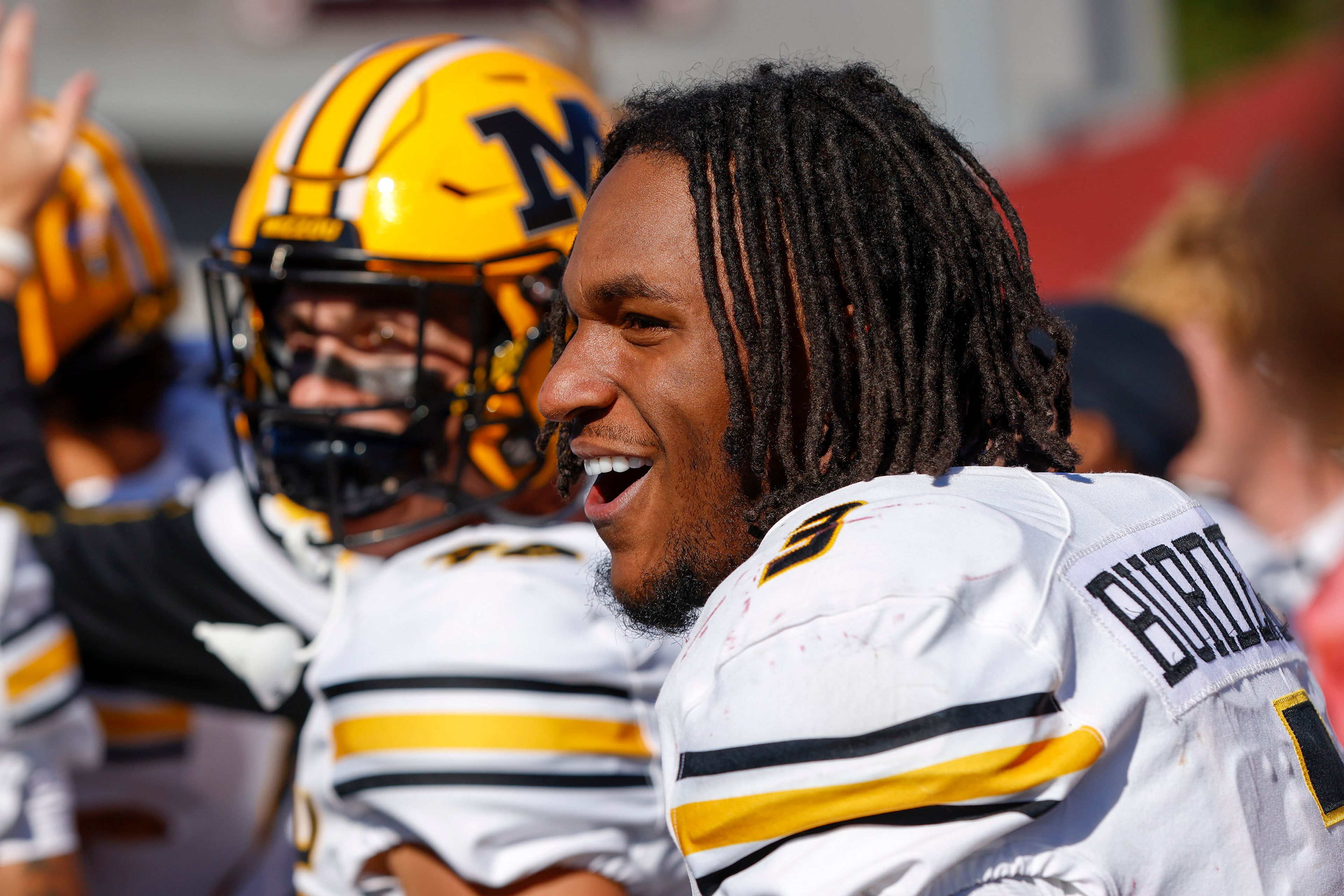 Missouri wide receiver Luther Burden III (3) celebrates after a touchdown during the second half of an NCAA football game against Massachusetts, Saturday, Oct. 12, 2024, in Amherst, Mass. (AP Photo/Greg M. Cooper)