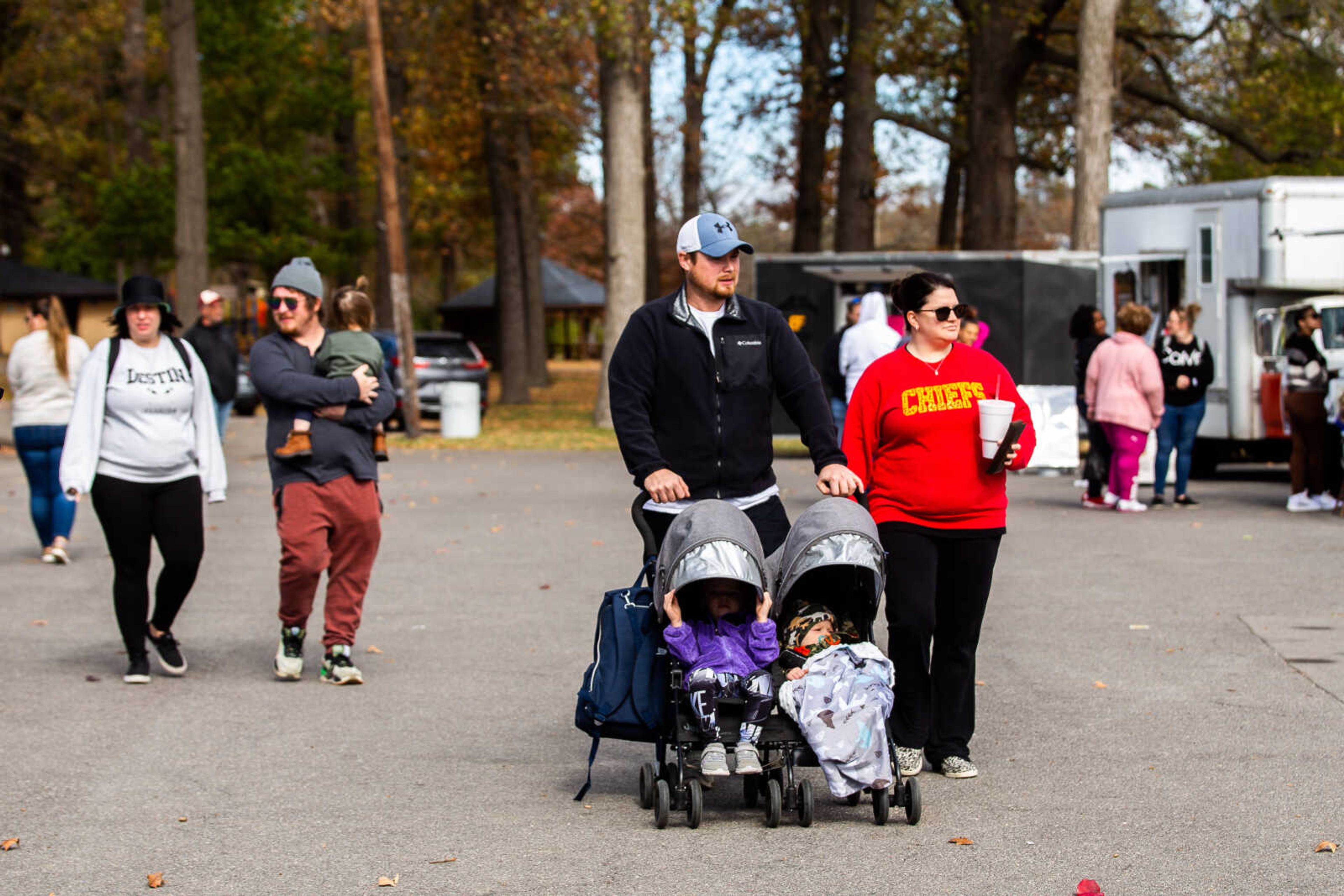 Taylor and Clayton Hall push their kids Millie and Dean Hall, 2 and 10 months, in a stroller&nbsp;on Saturday, Nov. 5 at the Food Truck Rally.