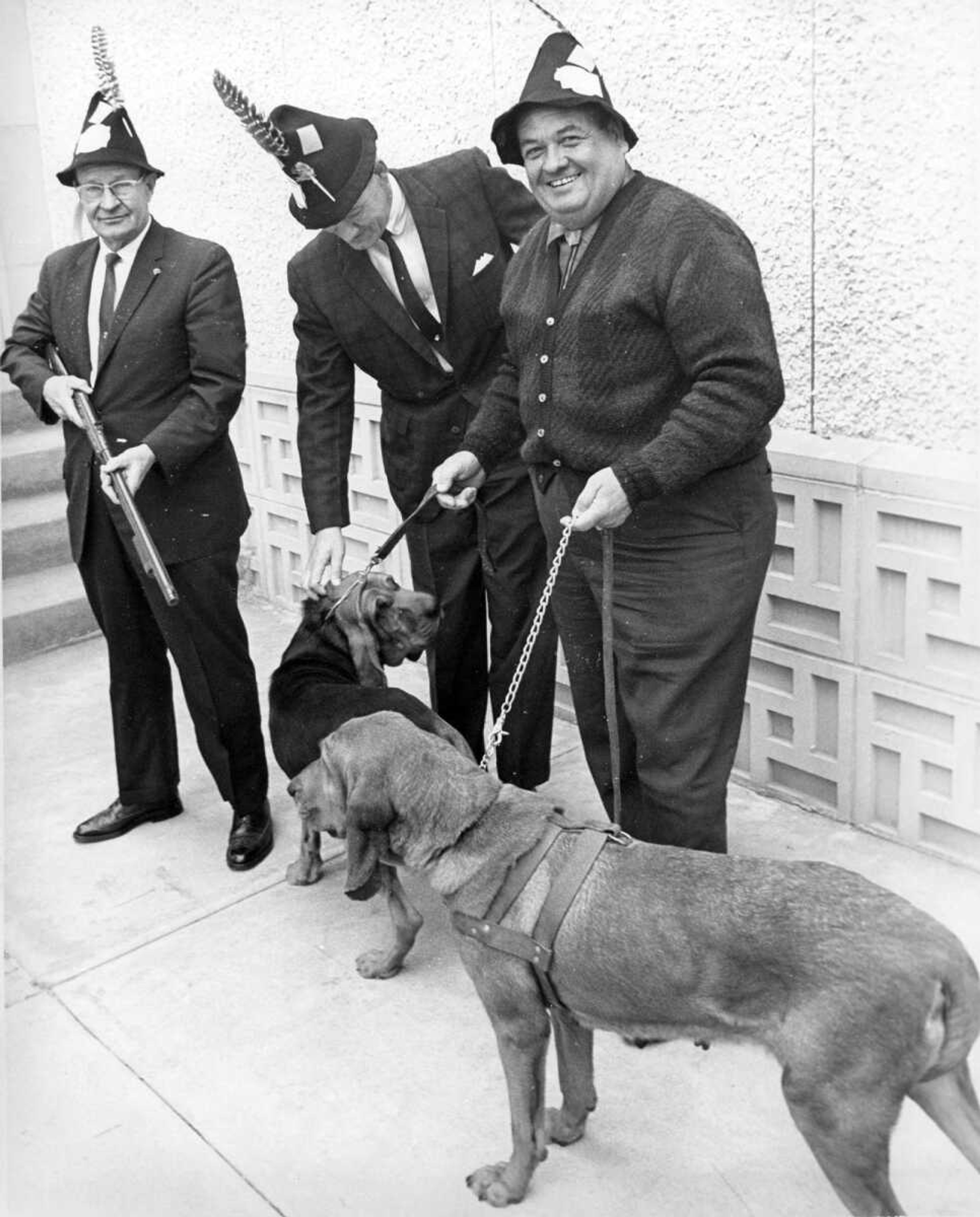 The Chamber of Commerce began its annual membership drive May 11, 1965, employing a hillbilly theme. Divided into teams, the participants had breakfast together and then went out to business firms to recruit new members. Left to right were Allen Robinson, Robert Steigemeyer and Virgil L. Baker. (Southeast Missourian archive photo)