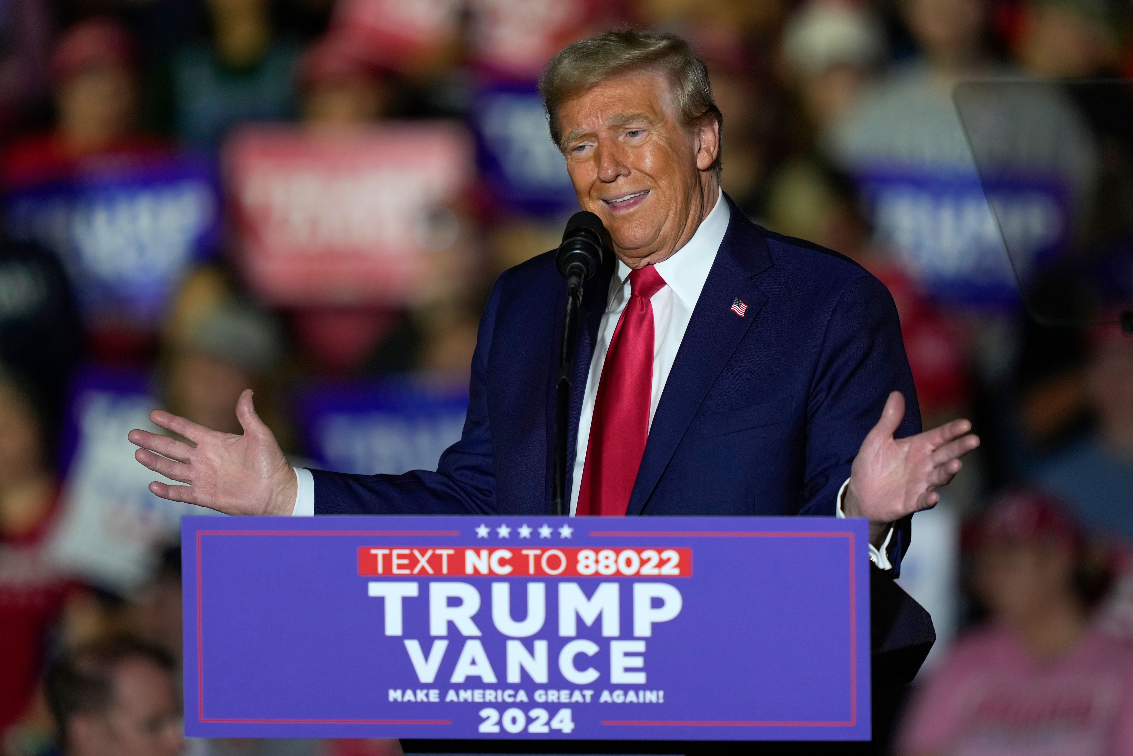 Republican presidential nominee former President Donald Trump speaks at a campaign rally at Minges Coliseum, Monday, Oct. 21, 2024, in Greenville, N.C. (AP Photo/Julia Demaree Nikhinson)