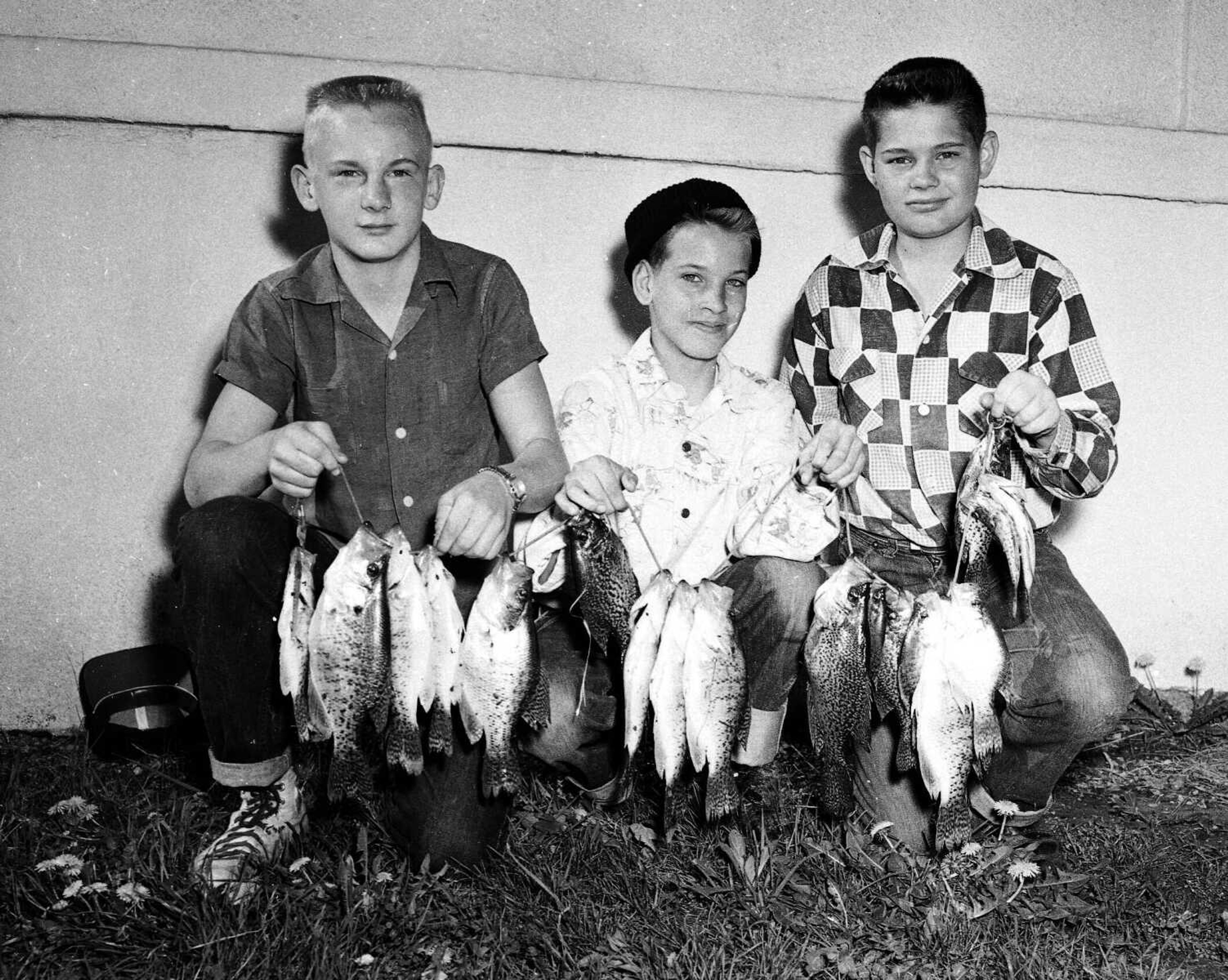 Published Saturday, April 16, 1955, pg. 5
City fishin'. These early birds got results. This fine string of 18 crappie was taken early today on minnows at the lagoon, Capaha Park, by, from the left, Charles Meyer, 1408 Bessie Street; Carl Ritter, 1257 Rockwood Drive and Jimmy Sides, 1403 Bessie Street. They used just 12 minnows, but Meyer took one crappie on a No. 3 lazy Ike. It's doorstep catches like these that make roaming anglers throw away their fishing gear. 