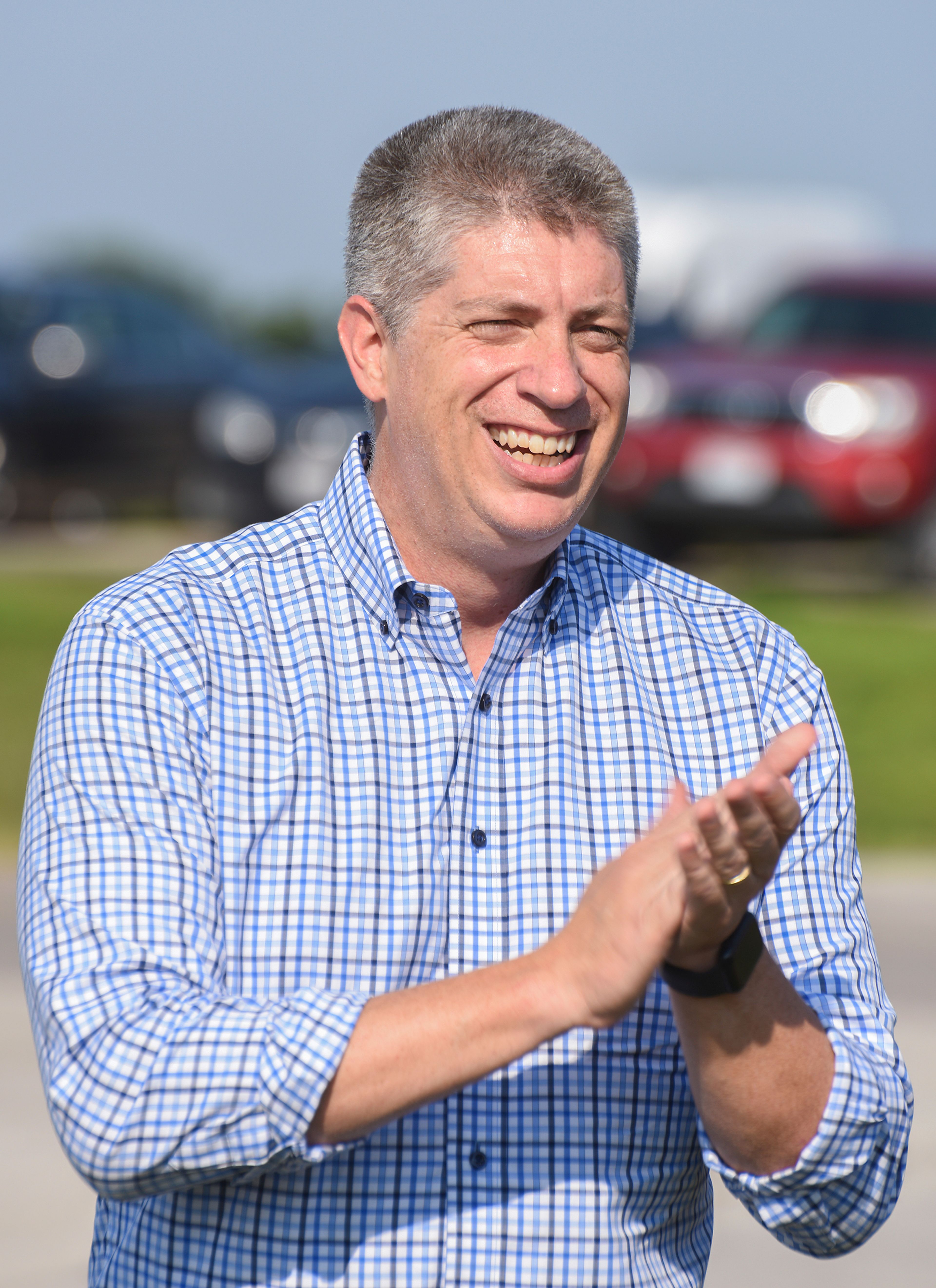 Bill Eigel greets supporters on Monday, Aug. 5, 2024, at Columbia Jet Center in Columbia. (Sarah Voyles/Missourian via AP)