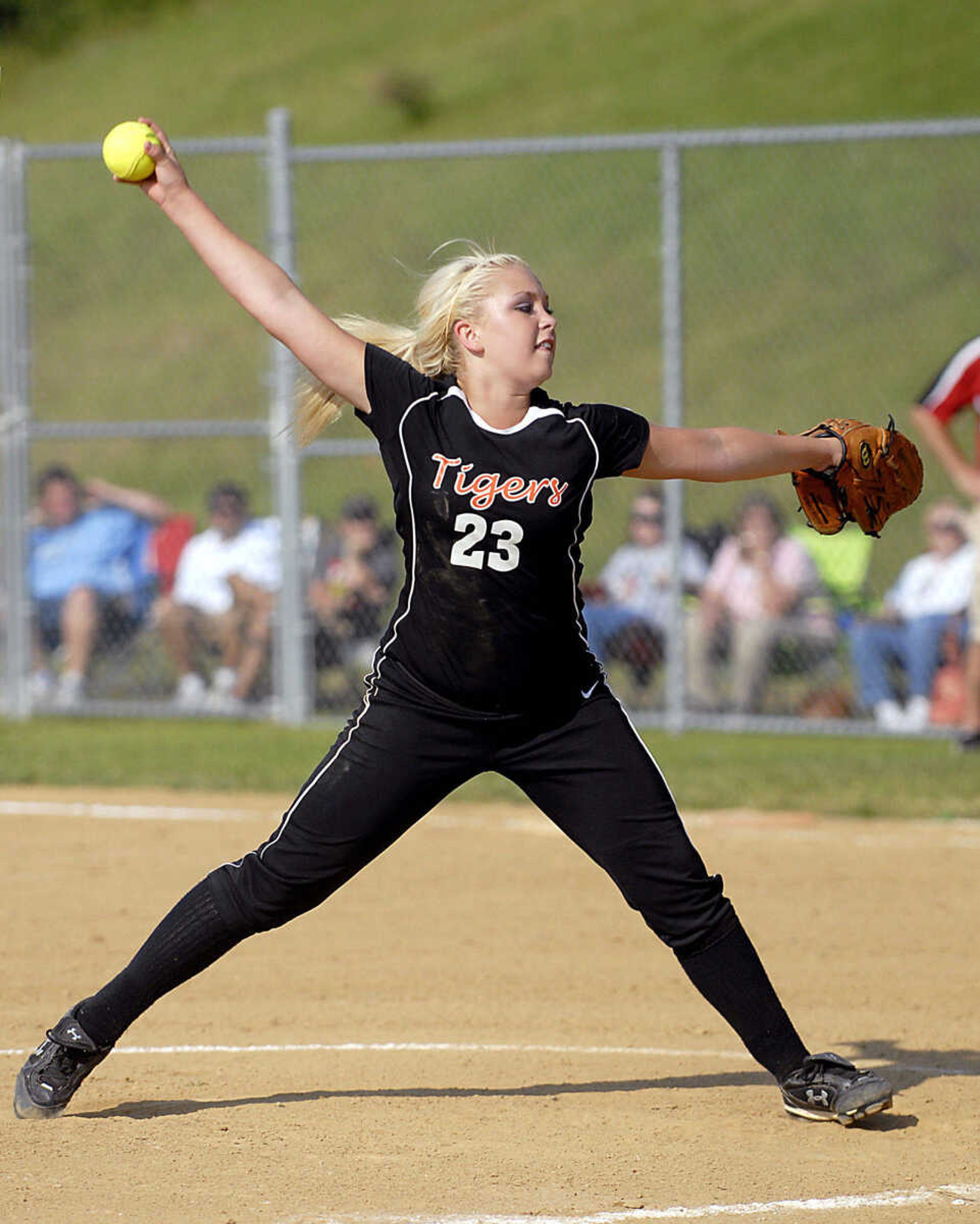 KIT DOYLE ~ kdoyle@semissourian.com
Central's Brittany Perkins pitches against Jackson Wednesday, September 2, 2009, in Cape Girardeau.