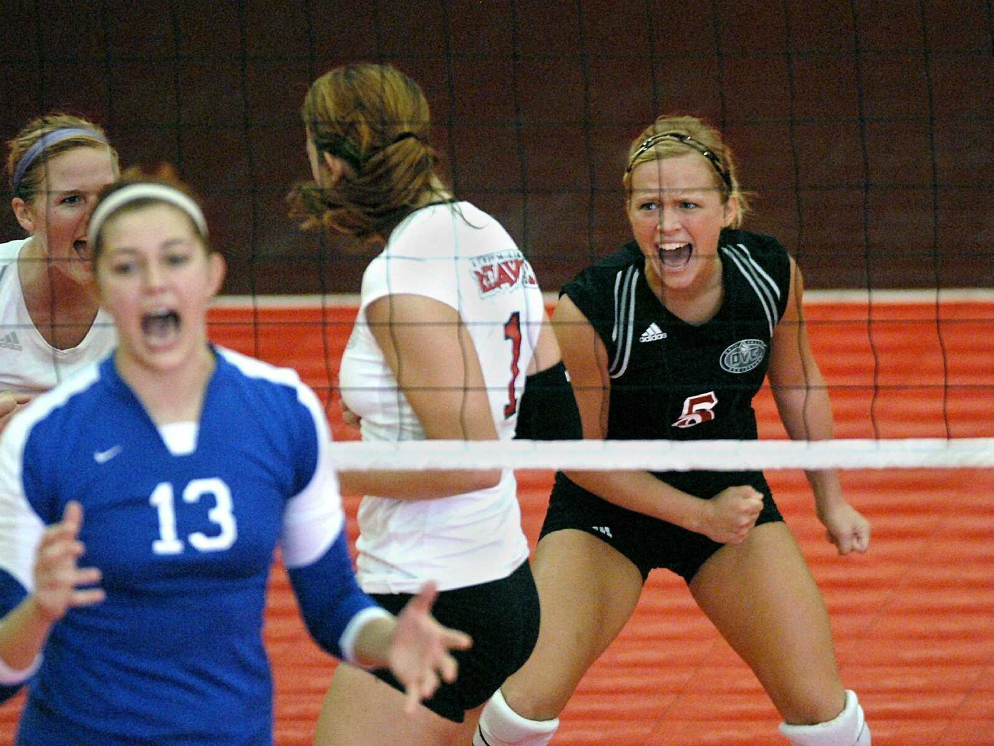 ELIZABETH DODD ~ edodd@semissourian.com
Southeast's Molly Davis, right, celebrates after Southeast scored a point against Saint Louis during Wednesday's match at Houck Field House.