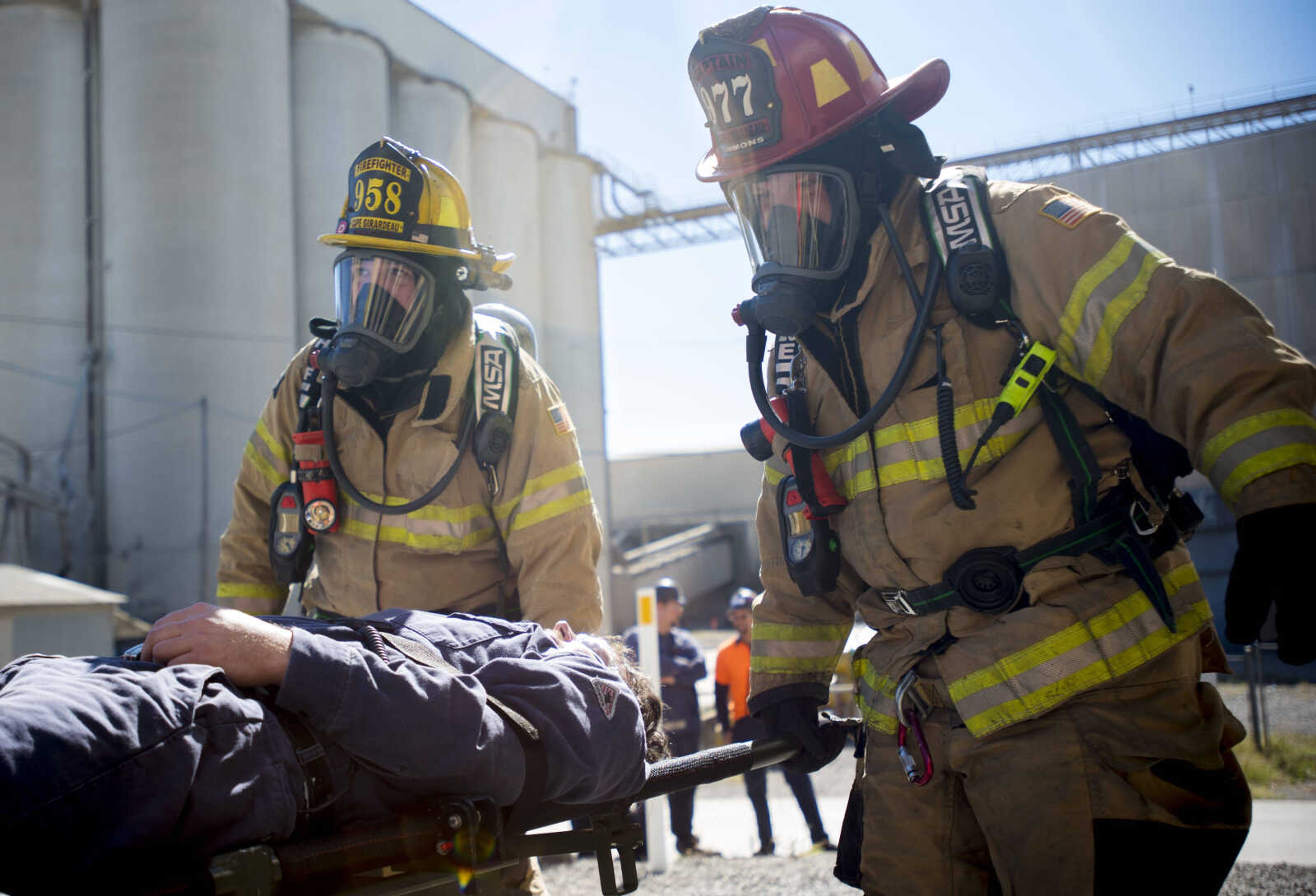 Members of the SEMO Homeland Security Response Team conduct hazmat training on Wednesday, Oct. 17, 2018 at the Cape Girardeau Buzzi Unicem cement plant.