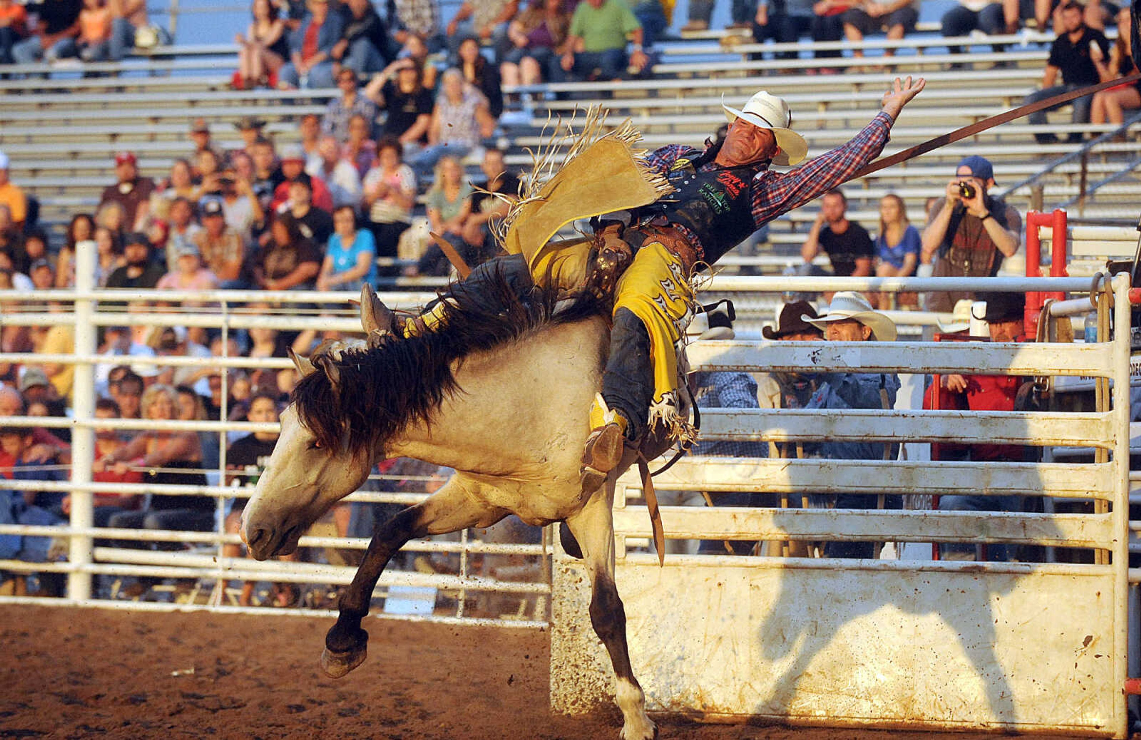 LAURA SIMON ~ lsimon@semissourian.com

Bobby Mote competes in bareback riding during the opening night of the Sikeston Jaycee Bootheel Rodeo, Wednesday, Aug. 6, 2014.