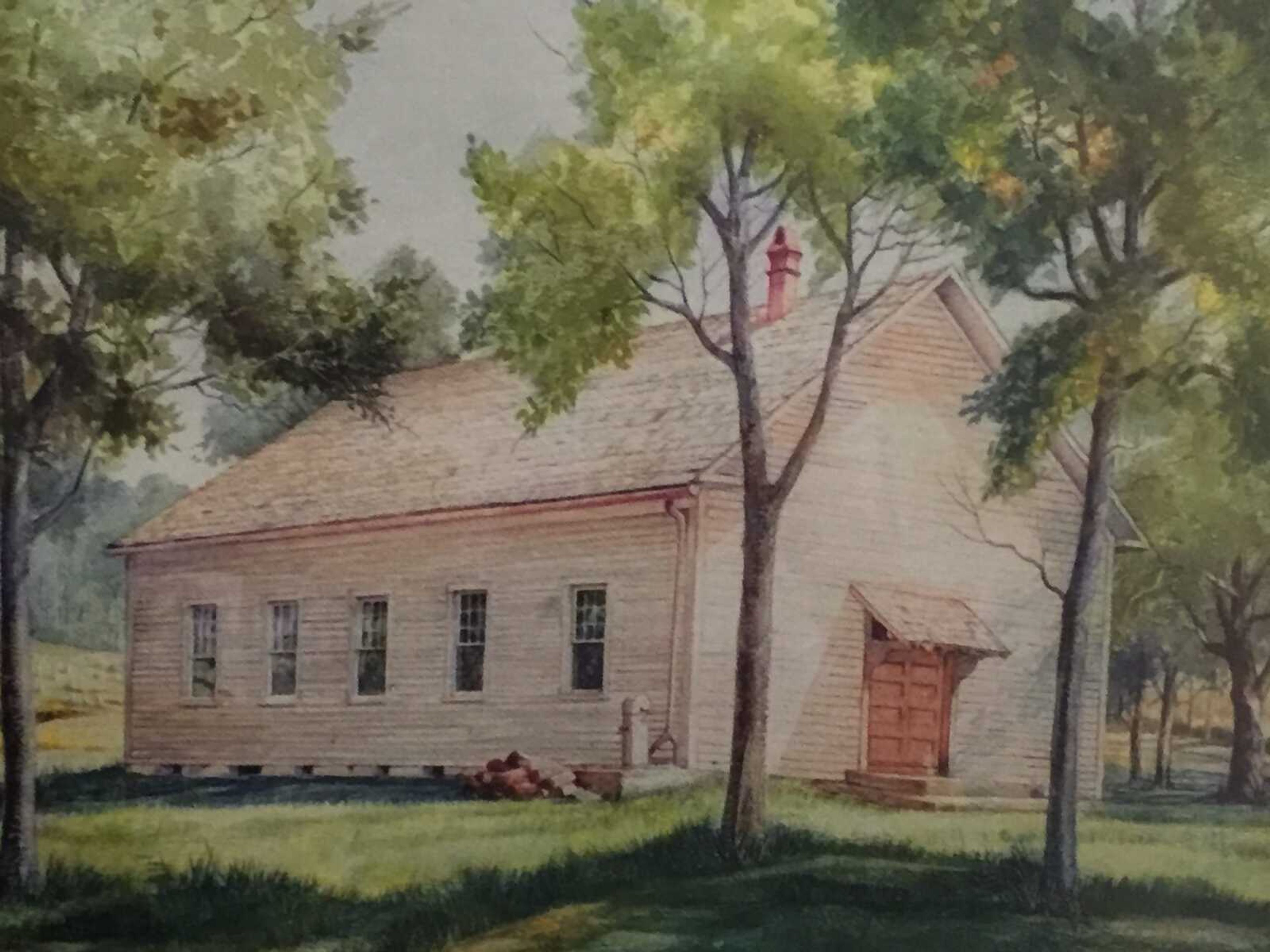 Jake Wells' painting of the Apple Creek Presbyterian Church, third oldest Presbyterian Church west of the Mississippi River, established in 1821. It is at the intersection of county roads 532 and 543, east of Pocahontas.