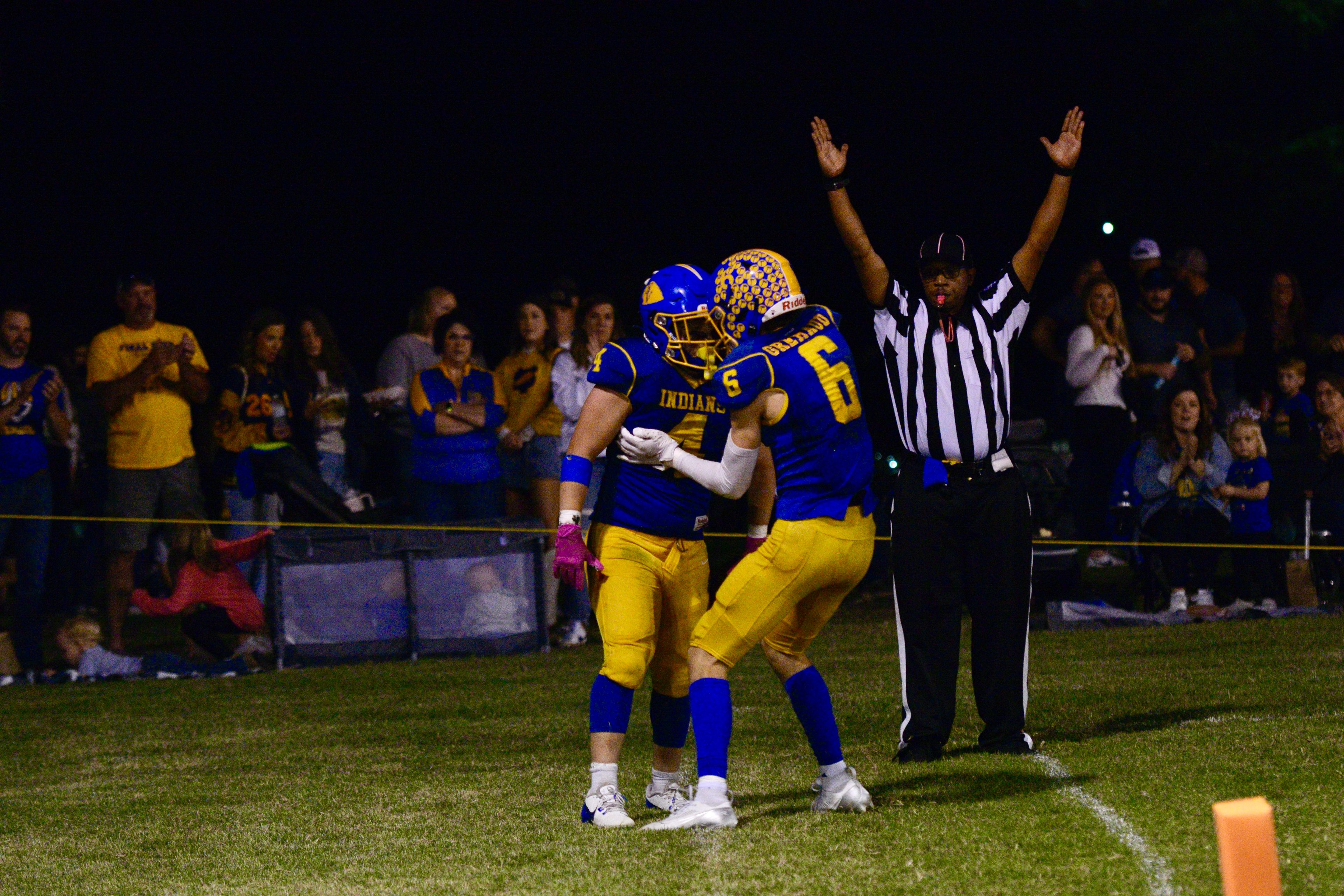 St. Vincent’s Eli Abernathy celebrates with Clayton Gremaud after scoring a touchdowns against Cuba on Friday, Oct. 11, in Perryville. 