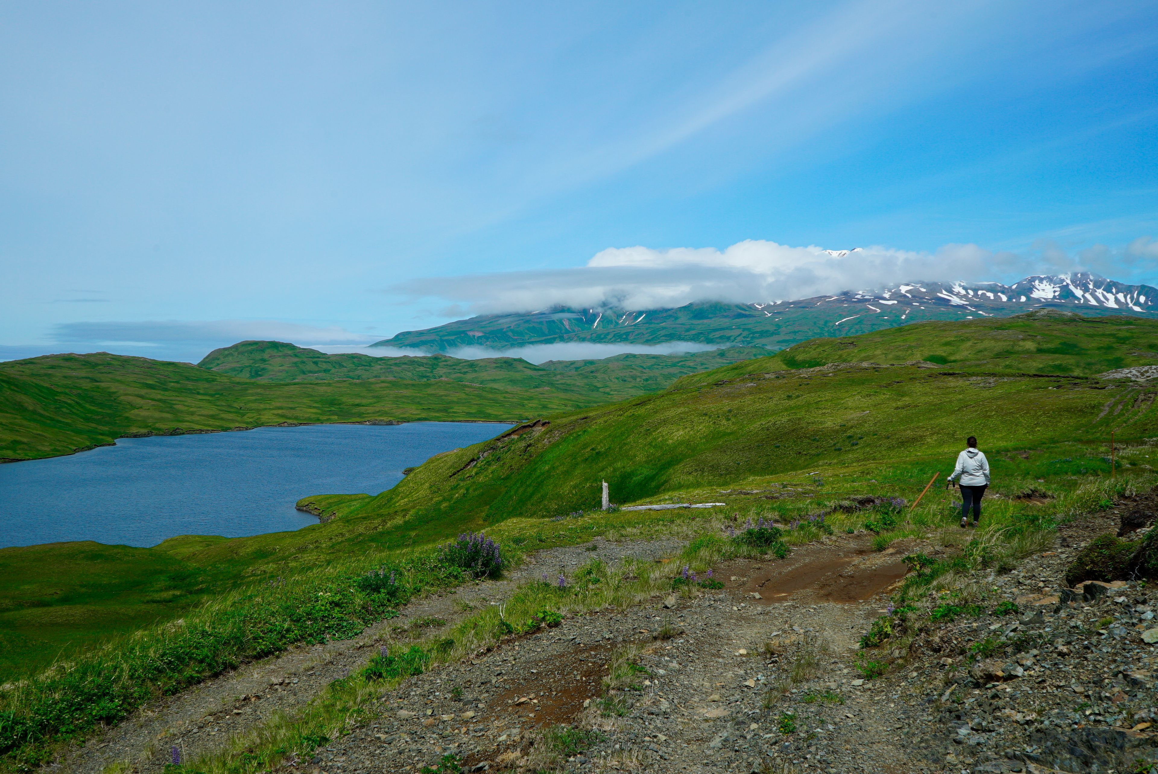 FILE - A hiker en route to Lake Bonnie Rose, one of many scenic hiking options on Adak Island, Alaska, July 8, 2021. (Nicole Evatt via AP, File)