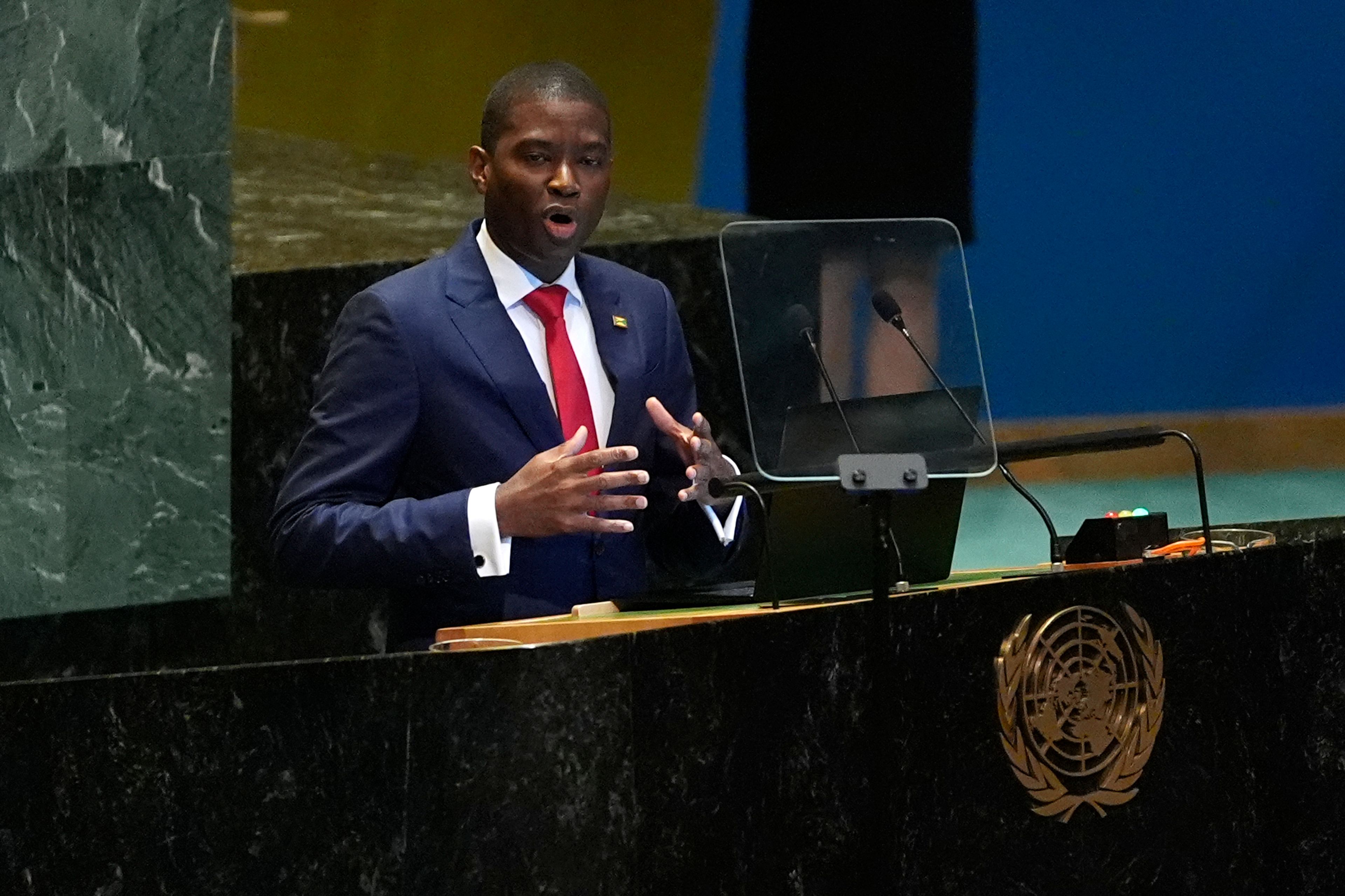 Grenada's Prime Minister Dickon Mitchell addresses the 79th session of the United Nations General Assembly, Saturday, Sept. 28, 2024. (AP Photo/Pamela Smith)