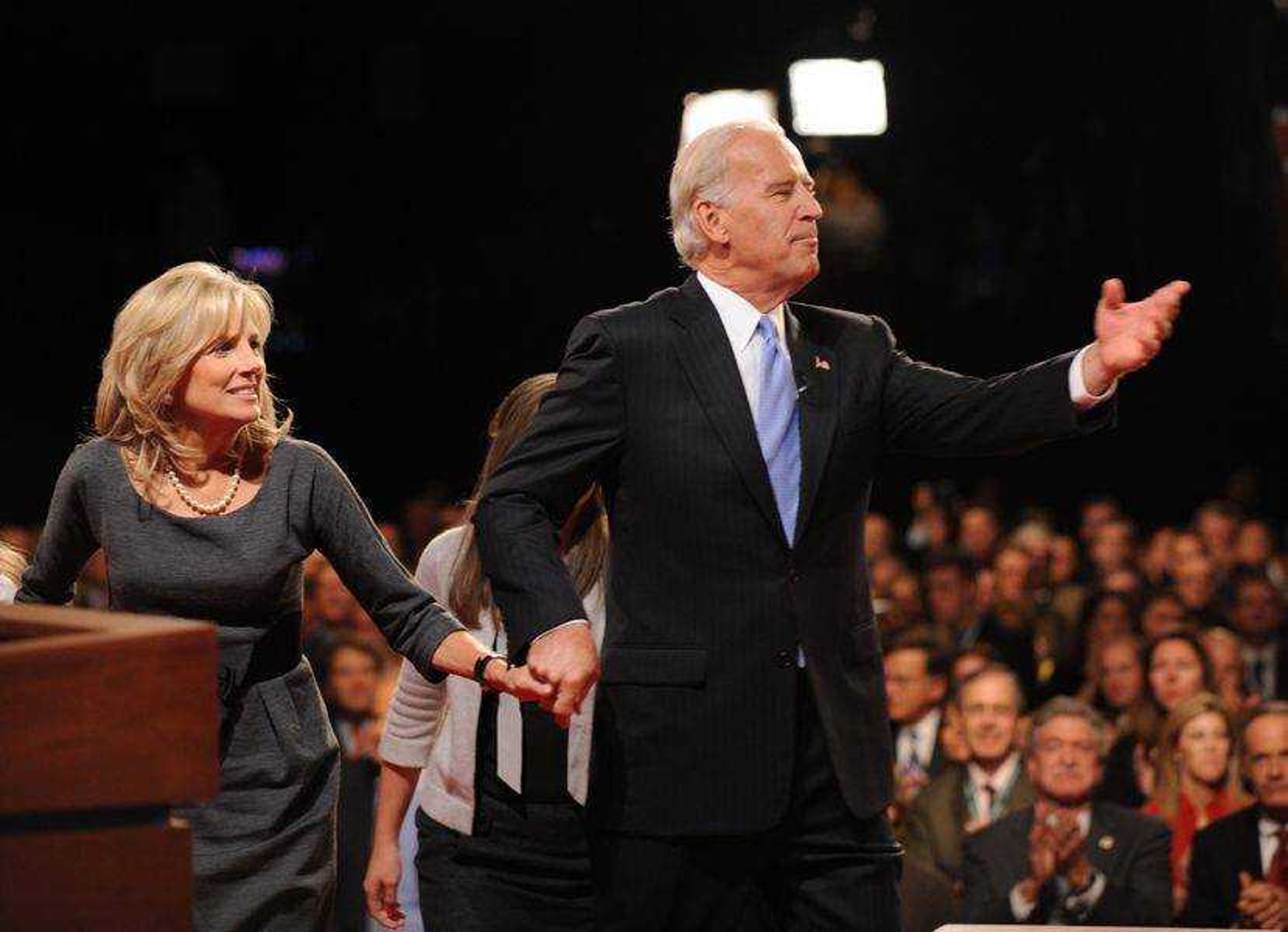 Democratic vice presidential candidate, Sen. Joe Biden, D-Del., greets the public with his wife Jill after the vice presidential debate Thursday, Oct. 2, 2008, in St. Louis, Mo.  (AP Photo/Don Emmert, Pool)