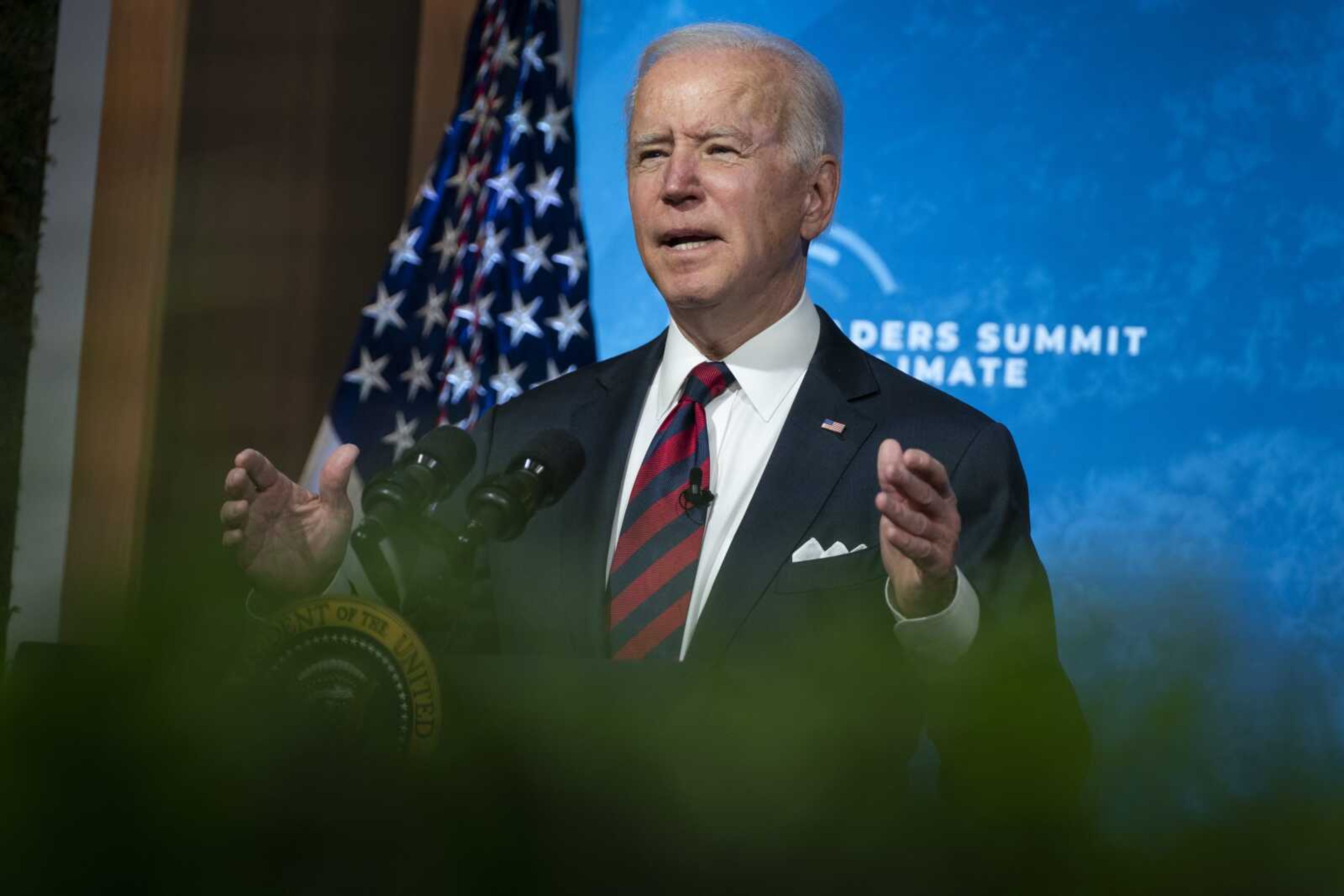 President Joe Biden speaks Thursday to the virtual Leaders Summit on Climate from the East Room of the White House.