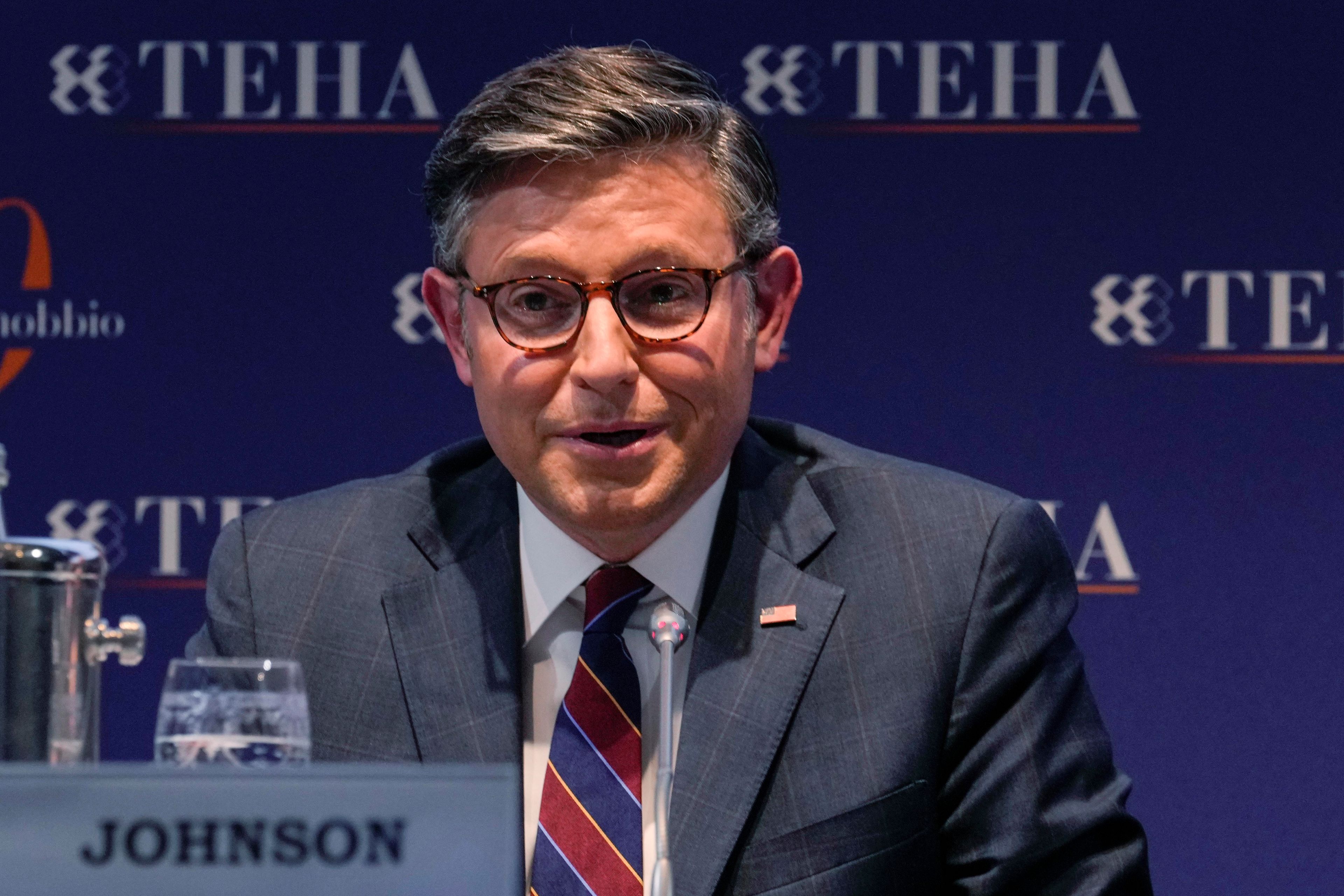 House Speaker Mike Johnson, R-La., addresses the audience during the Teha (The European House Ambrosetti ) economic forum in Cernobbio, Como Lake, Italy, Saturday, Sept. 7, 2024. (AP Photo/Luca Bruno)