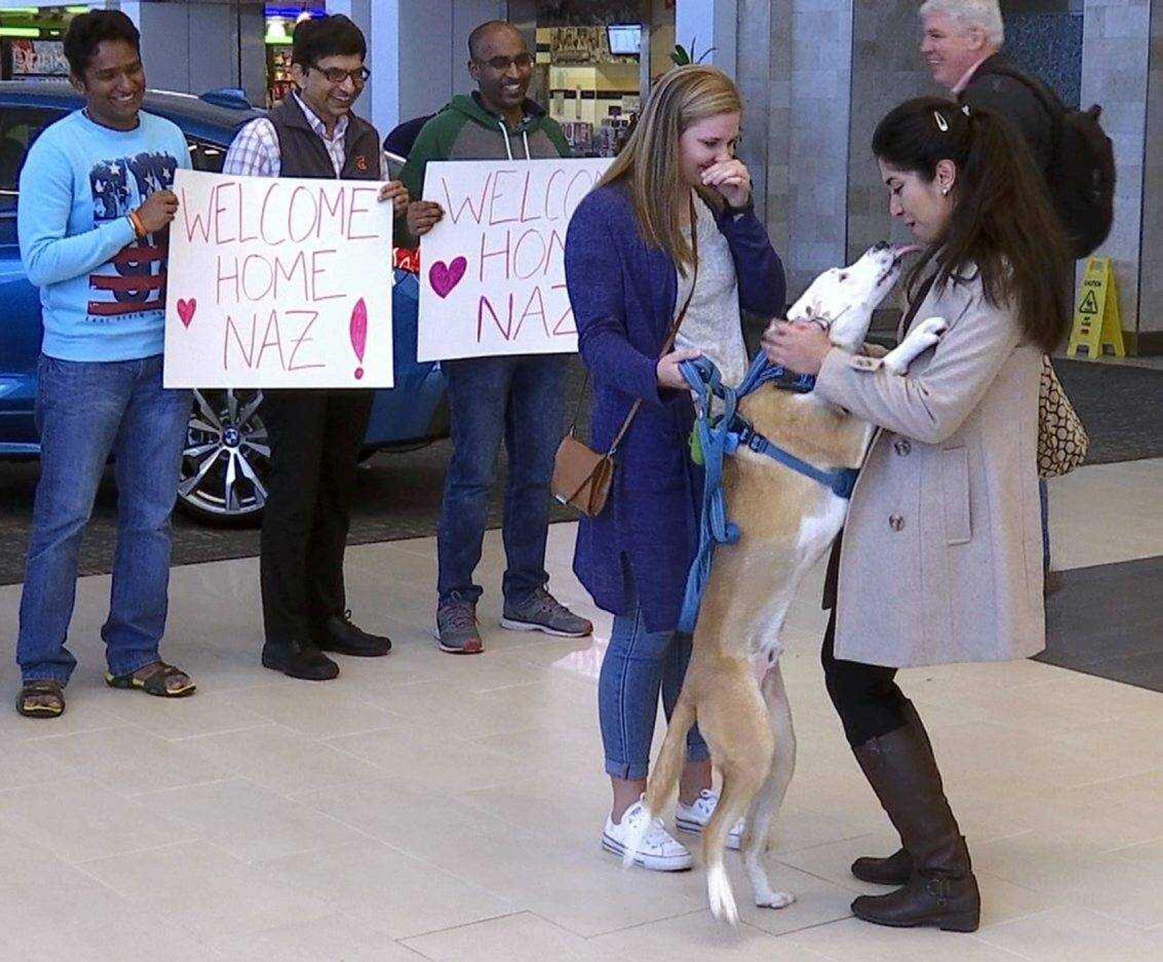 Nazanin Zinouri, 29, is greeted at the Greenville-Spartanburg International Airport in Greer, South Carolina, with kisses from her dog, Dexter, and well-wishers holding signs reading "Welcome Home" on Monday. Zinouri, an Iranian engineer and Clemson University graduate, had been unable to return to the United States because of the executive order President Donald Trump signed that limited travel to the U.S. from seven Muslim-majority countries.