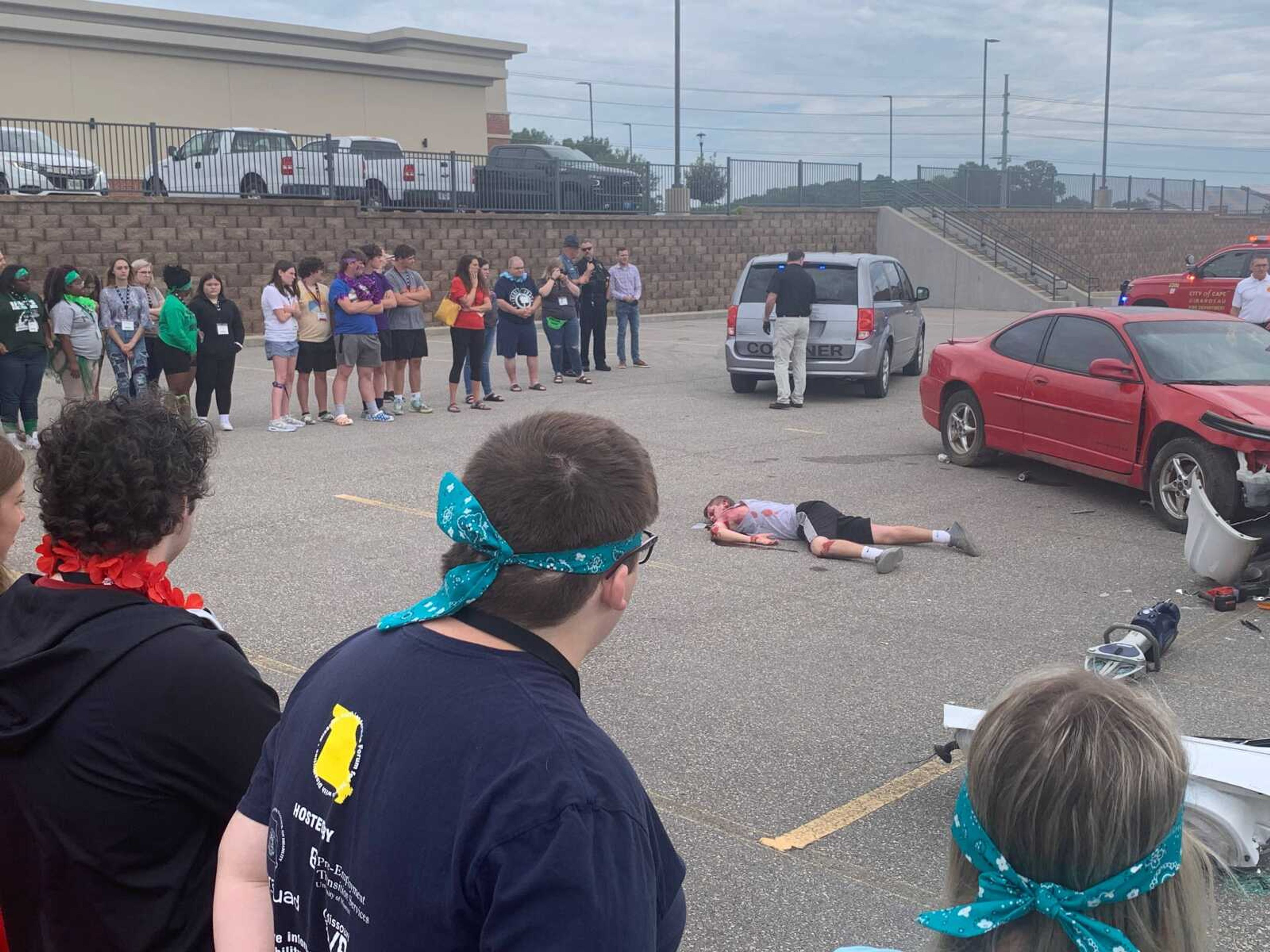 Members from the Cape Girardeau County Coroner's Office arrive at the mock DWI crash to remove the body of the the student actor who "perished" in the drunk driving accident. If you or someone you know suffers from a substance abuse problem contact the Substance Abuse and Mental Health Services Administration at 1-800-662-HELP (4357)