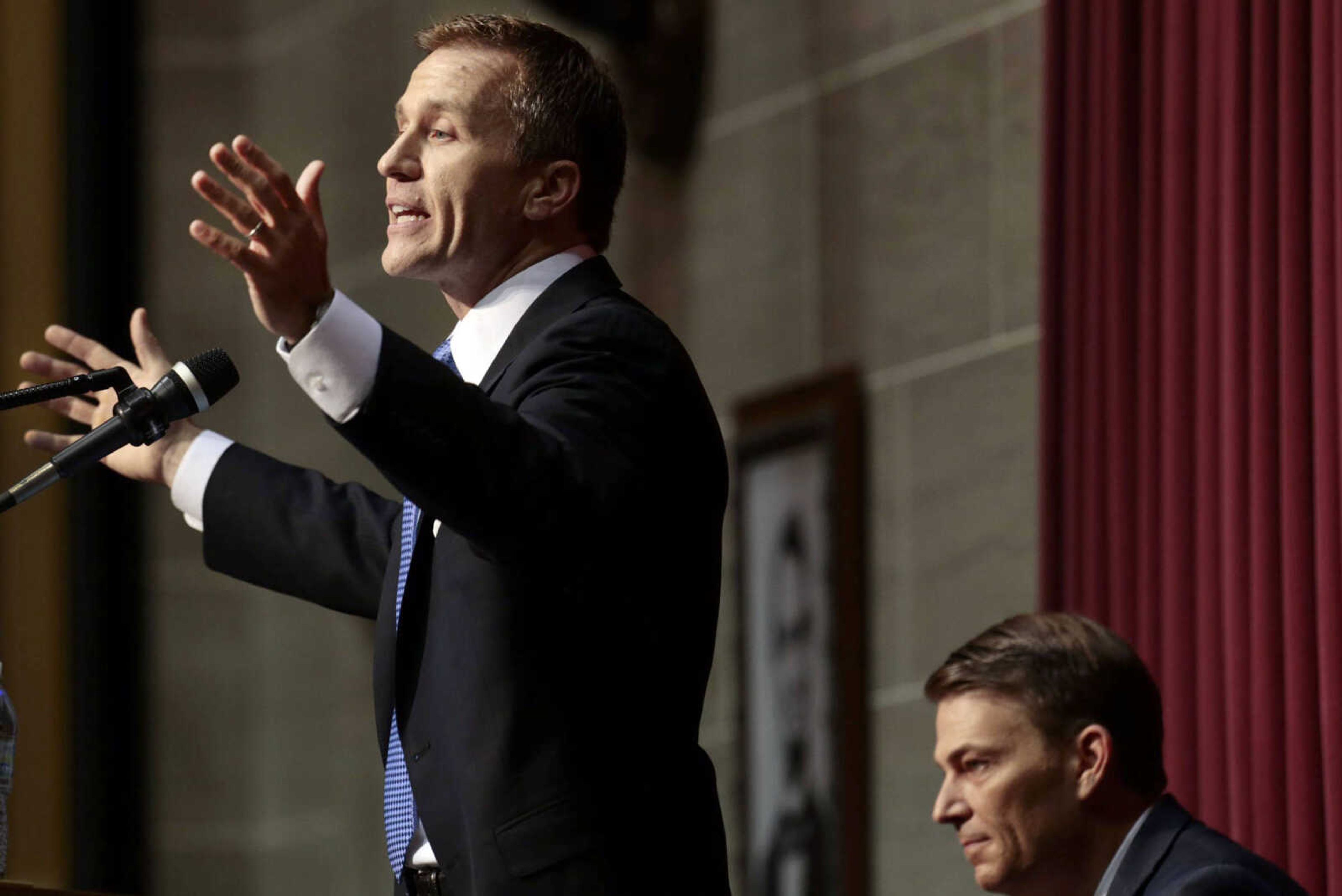 Missouri Gov. Eric Greitens delivers his State of the State address Tuesday at the Capitol in Jefferson City, Missouri. During the address, Greitens outlined a policy plan he said will help grow jobs, including passing a right-to-work law barring mandatory union fees and paring back government regulations.