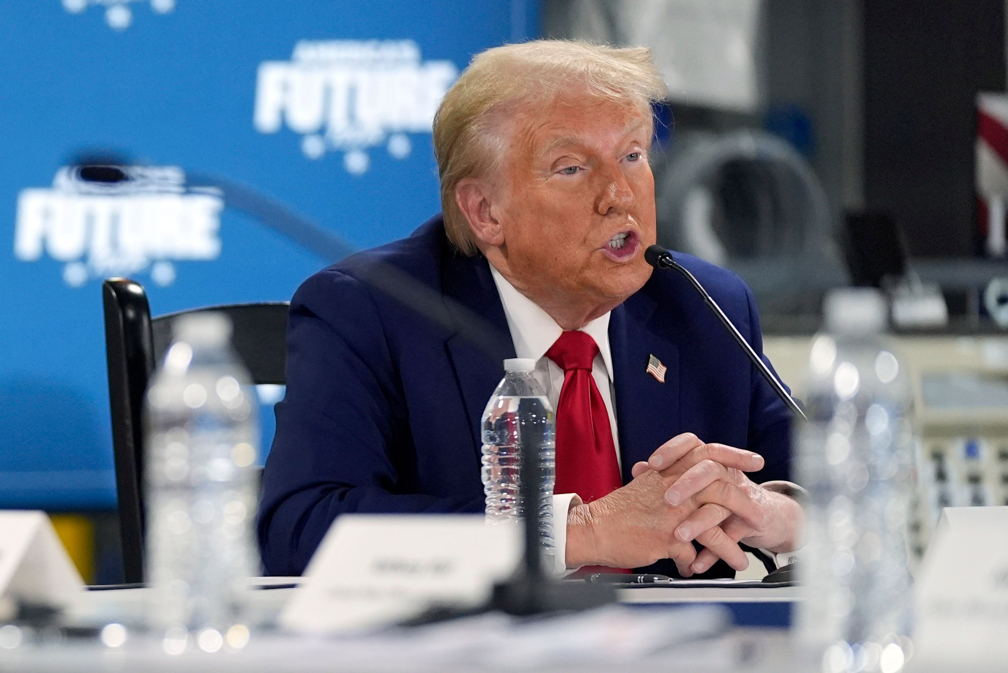 Republican presidential nominee former President Donald Trump speaks at a campaign roundtable, Friday, Oct. 18, 2024, in Auburn Hills, Mich. (AP Photo/Evan Vucci)