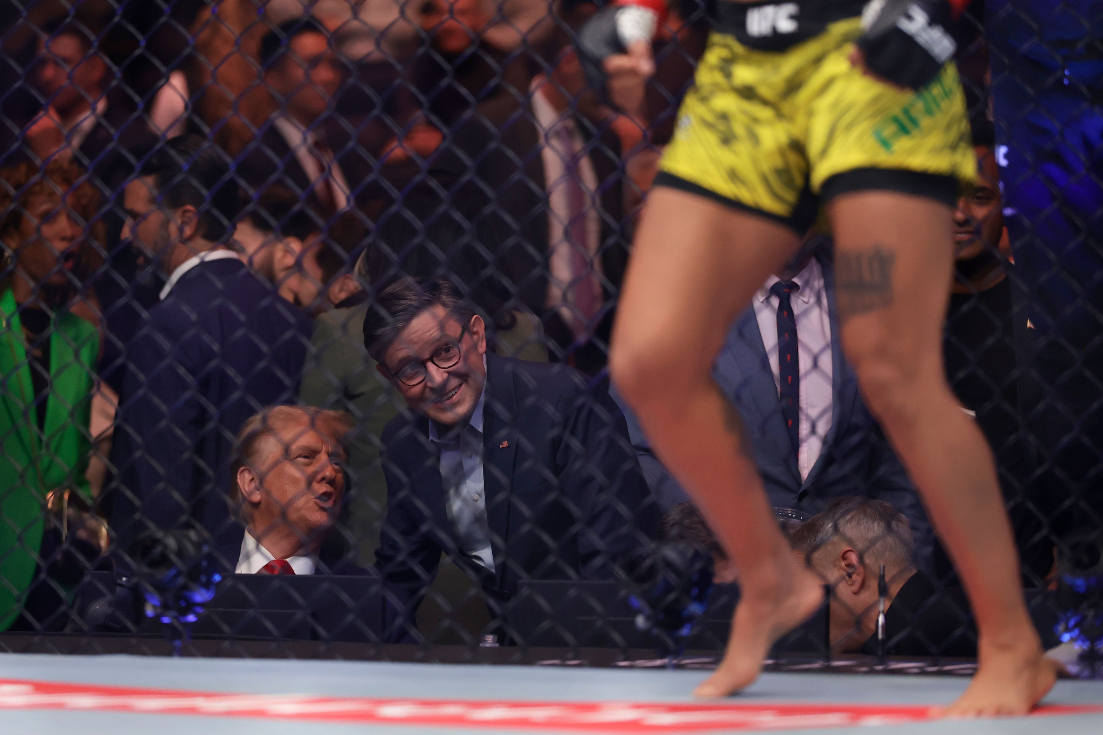 President-elect Donald Trump talks to House Speaker Mike Johnson, R-La., at a UFC 309 mixed martial arts flyweight title bout, Saturday, Nov. 16, 2024, in New York. (AP Photo/Adam Hunger)