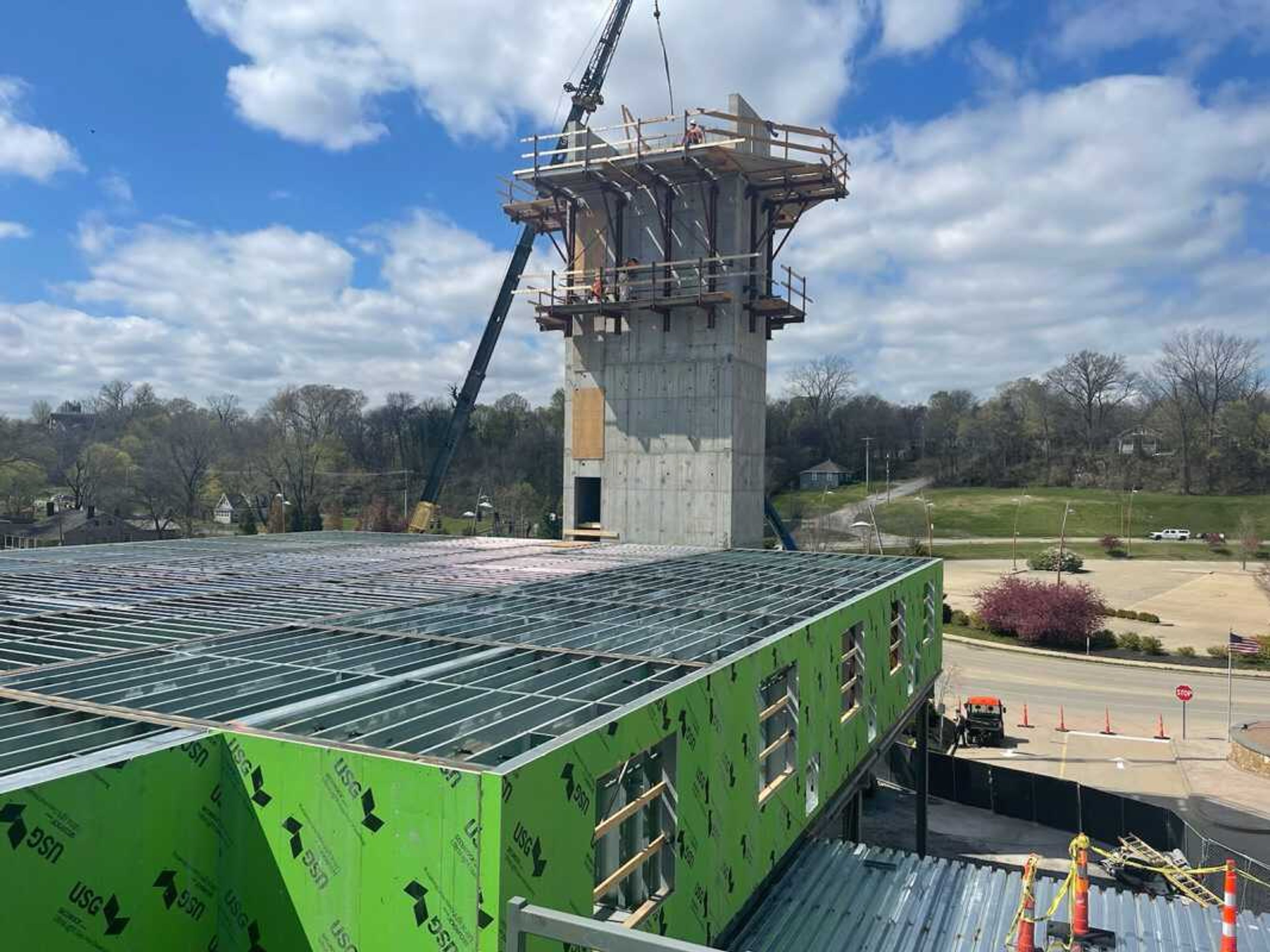 Construction on the new Century Casino hotel Monday, April 3, in Cape Girardeau. Completion of the $26 million, 69-room downtown lodging is anticipated in the first half of 2024.