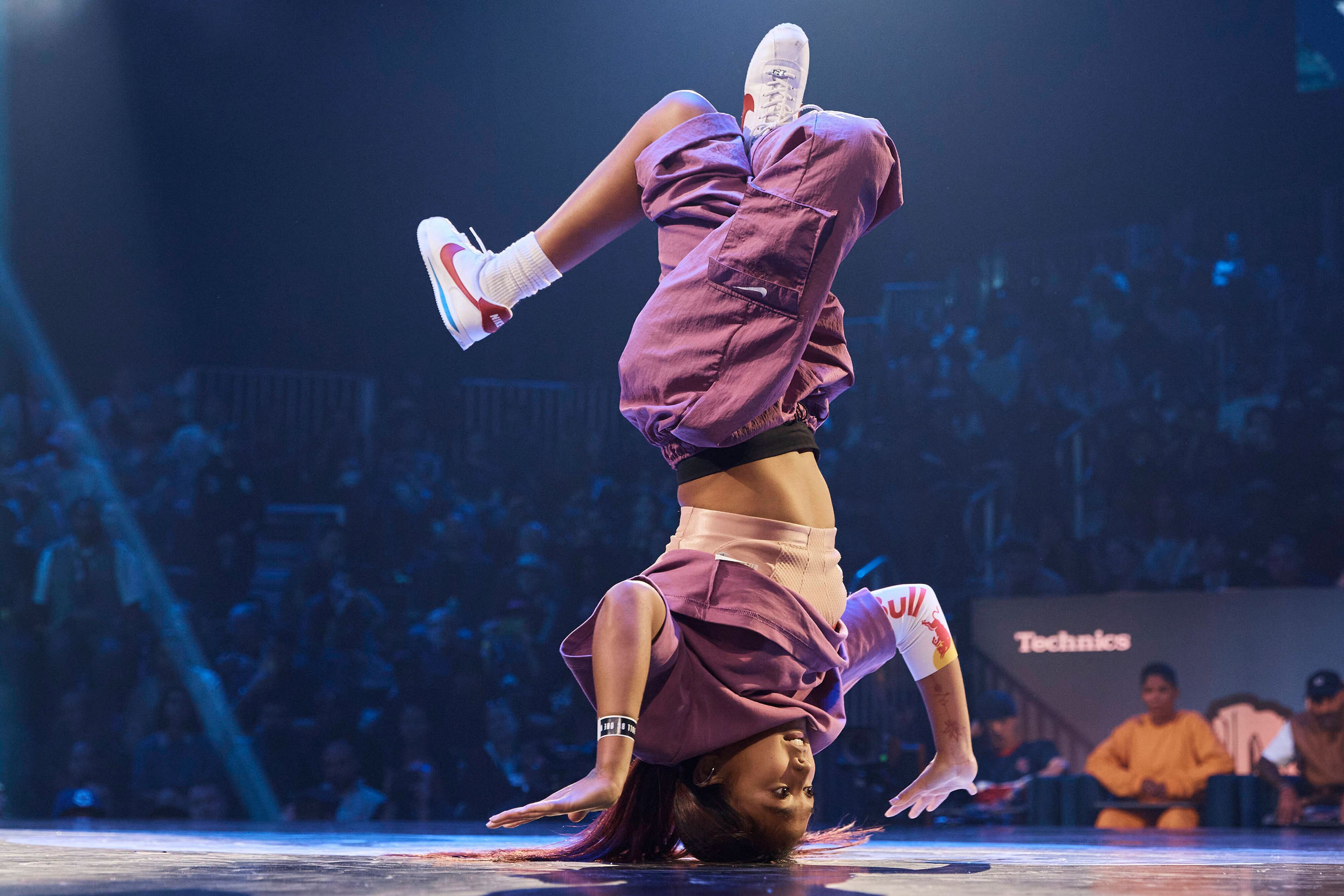 FILE - Logan Edra, also known as B-Girl Logistx, of the United States competes in the B-girl Red Bull BC One World Final at Hammerstein Ballroom on Saturday, Nov. 12, 2022, in New York. (AP Photo/Andres Kudacki, File)