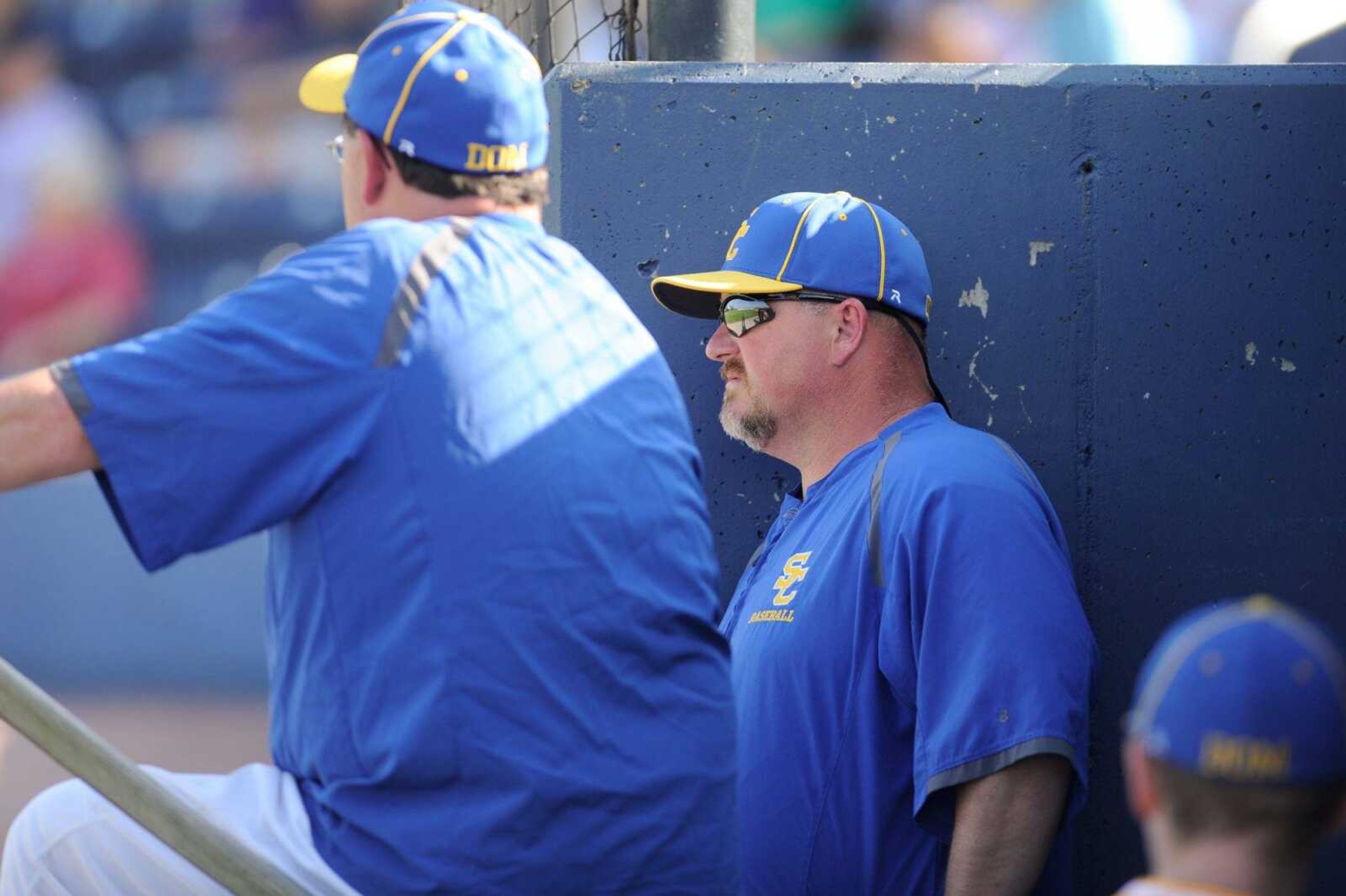 Scott City coach Jim May watches the second inning against Notre Dame from the dugout Tuesday, April 19, 2016 at Notre Dame Regional High School.