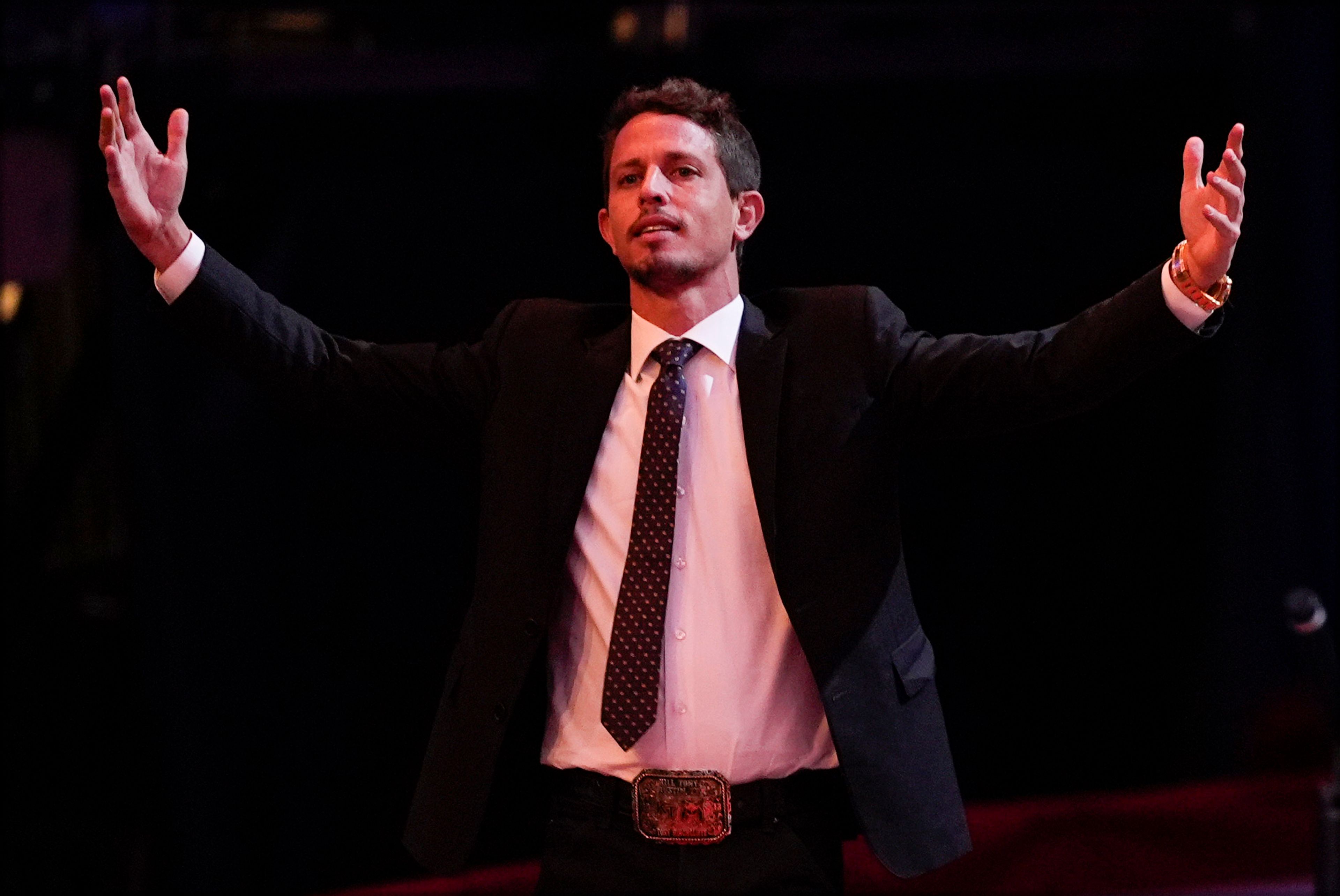 Tony Hinchcliffe arrives to speak before Republican presidential nominee former President Donald Trump during a campaign rally at Madison Square Garden, Sunday, Oct. 27, 2024, in New York. (AP Photo/Evan Vucci)