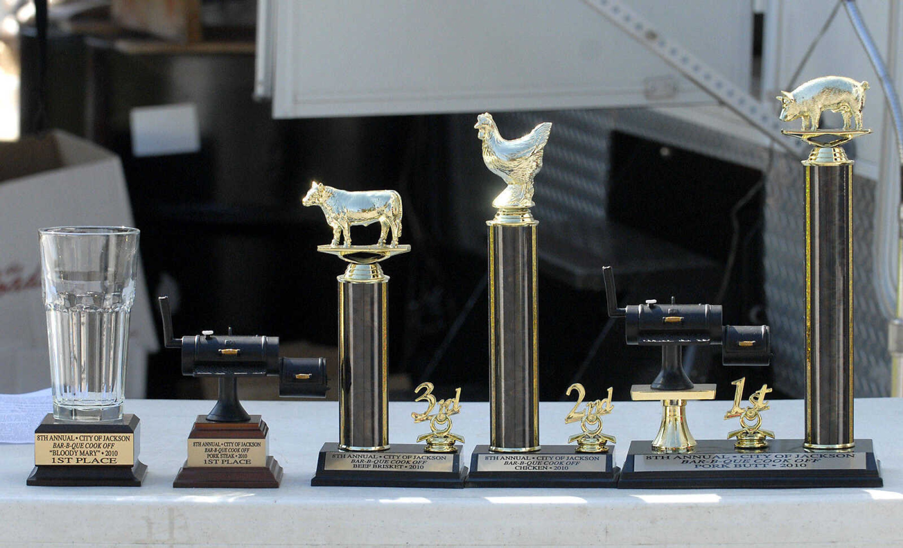 KRISTIN EBERTS ~ keberts@semissourian.com

Trophies await their recipients during the 2010 Jackson Bar-B-Que Cook Off on Saturday, Oct. 9, at Jackson City Park.