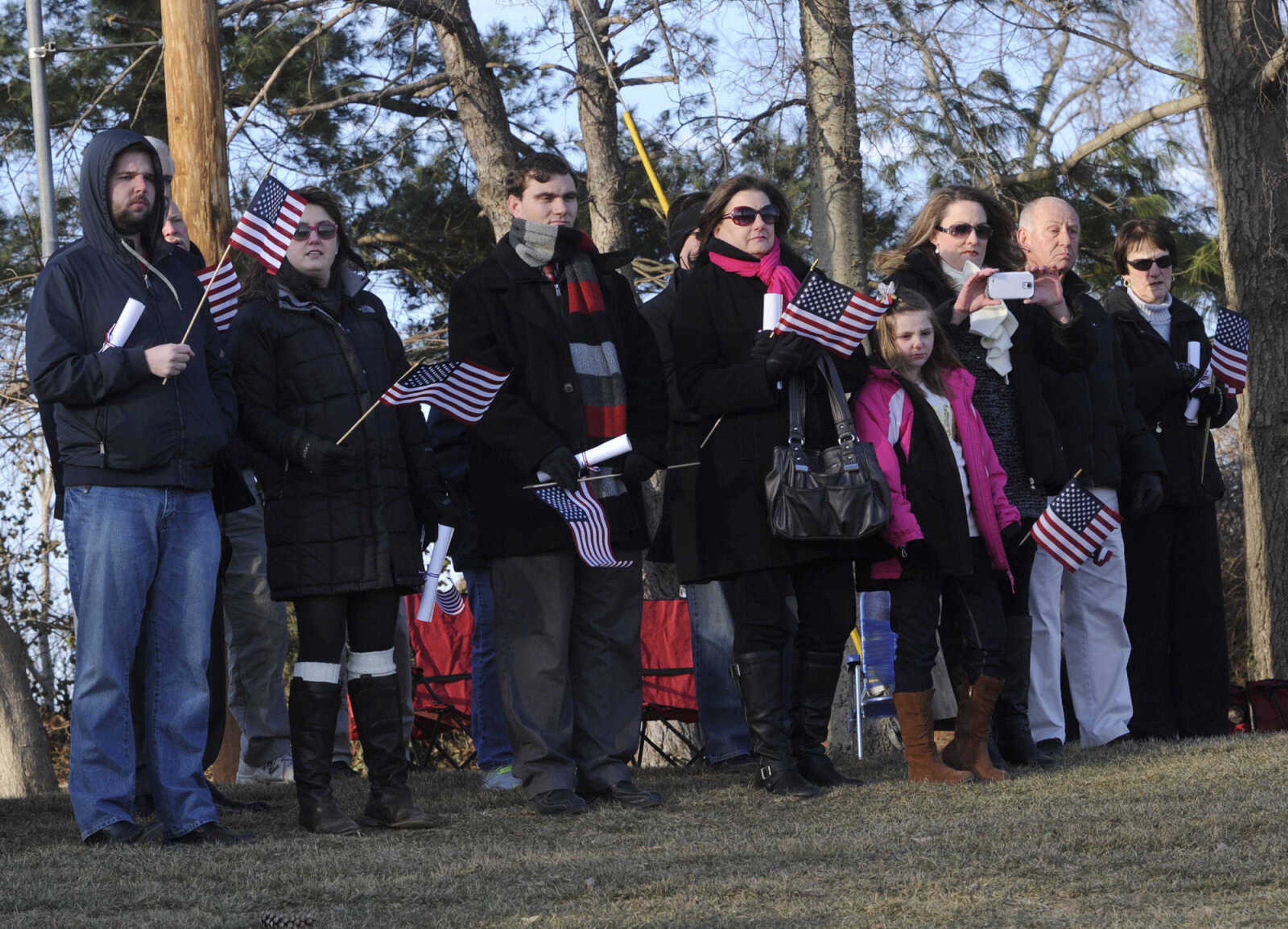 Some of the crowd gathered for the flag ceremony at the Fort A site Friday, Feb. 13, 2015 in Cape Girardeau.