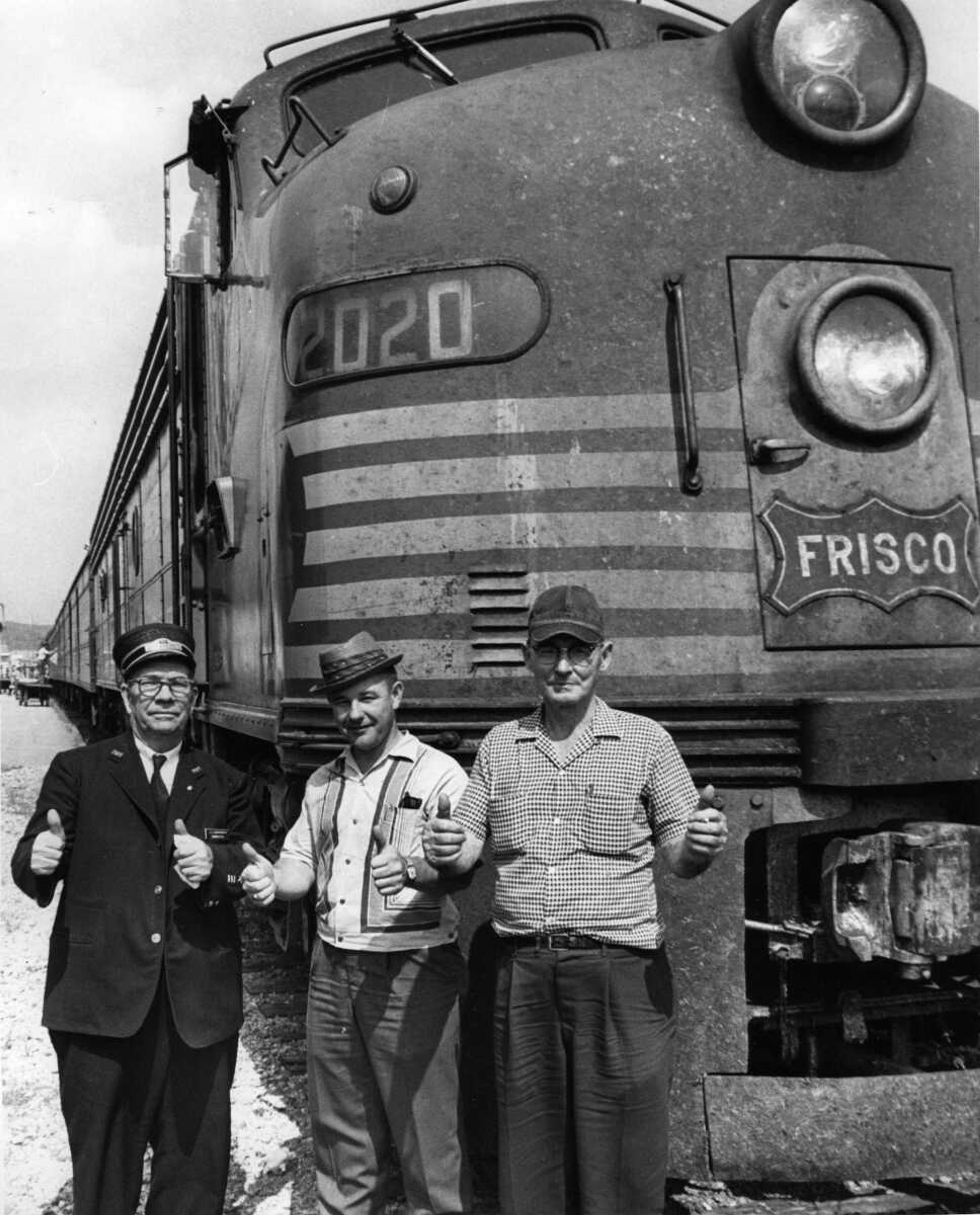 Published Sept, 18, 1965
This is the train crew from the final Frisco passenger train through Cape Girardeau. Left to right were conductor John Montgomery, fireman Clifford Pobst and engineer James A. Barnes, Chaffee. (Missourian archives)