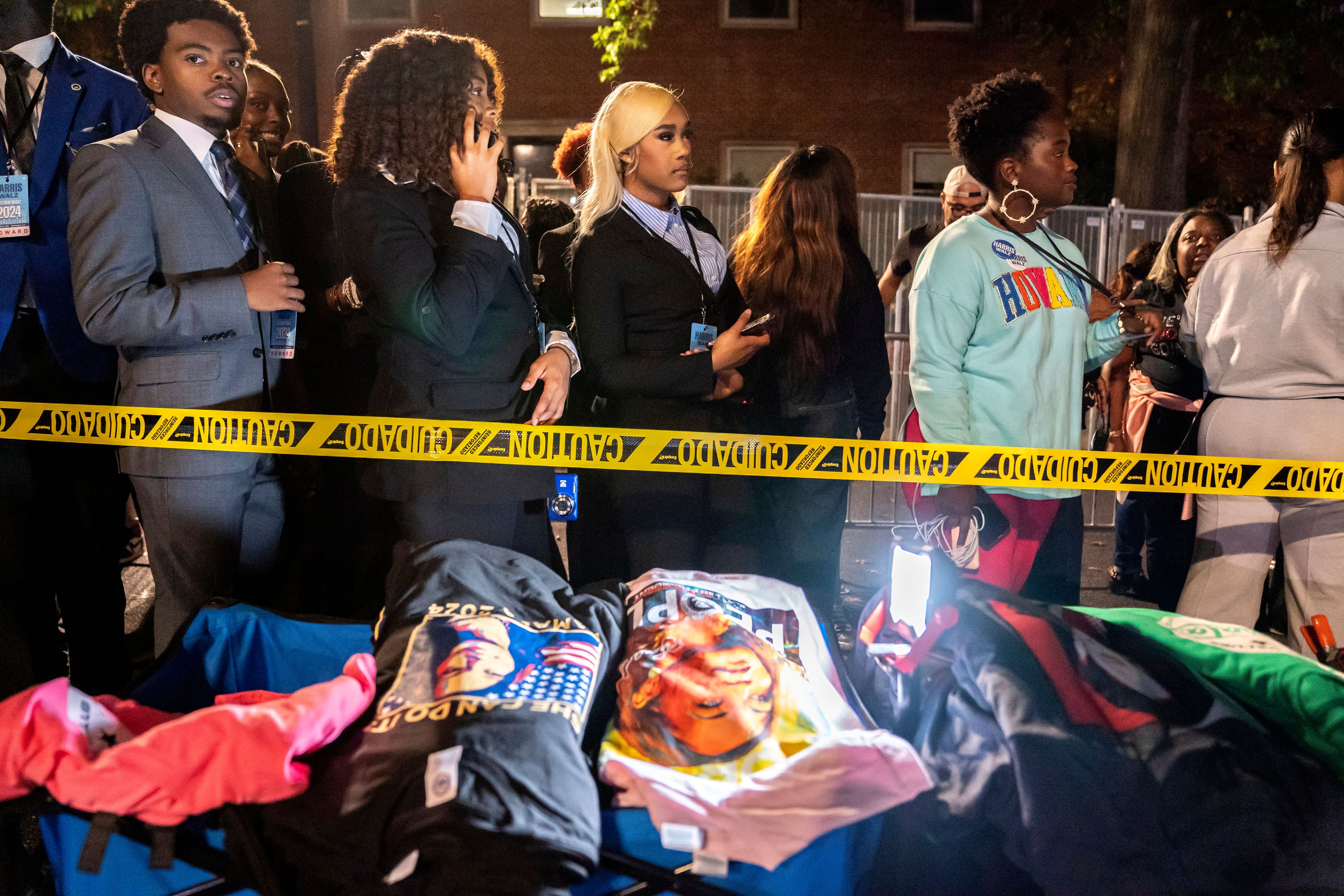 Howard University students and other attendees wait in an admission line ahead of an election night event for Democratic presidential nominee Vice President Kamala Harris at Howard University in Washington, Tuesday, Nov. 5, 2023. (AP Photo/Nathan Howard)