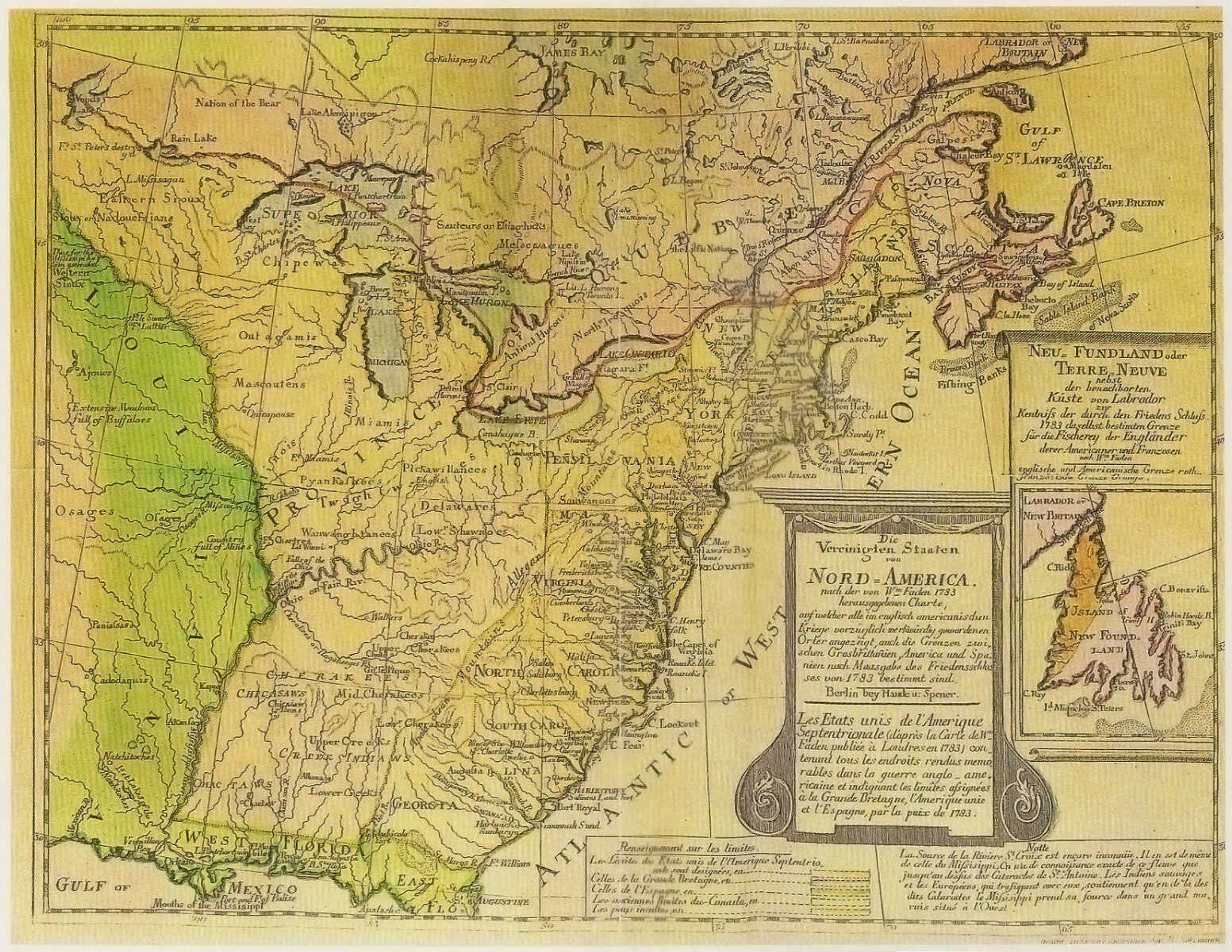 A map of eastern North America with the boundaries of the United States in its first year of independence, from "1700s in America: Historical Genealogical Calendar or Yearbook of the Most Noteworthy Recent Worldwide Events for the 1784 Fair at Leipzig." This map was distributed at the 1784 World's Fair in Leipzig, Germany, and may have influenced people to immigrate to this region in America.