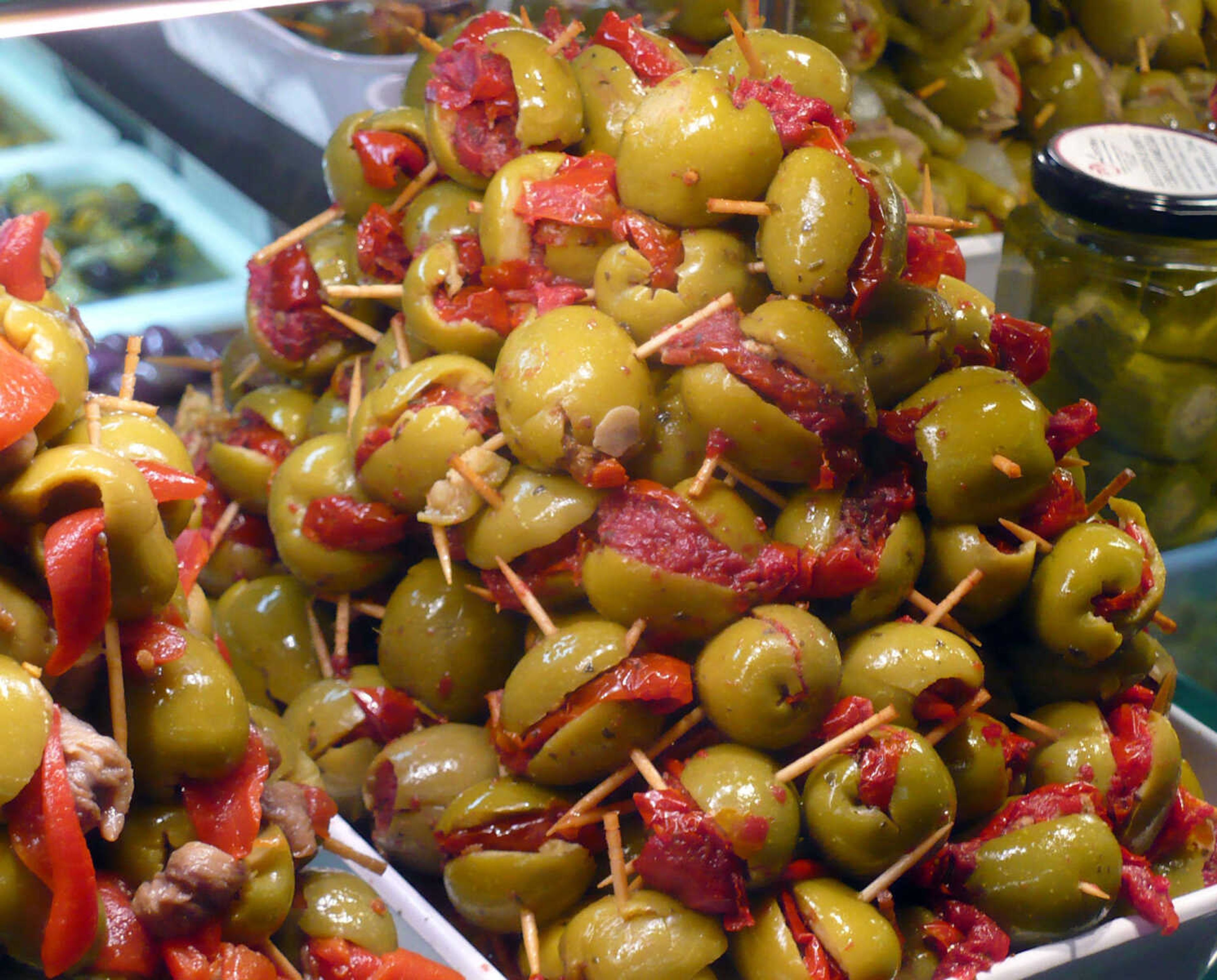 TOM HARTE ~ photos@semissourian.com
Tapas-sized skewers of stuffed Spanish olives await their destiny at the Mercado de San Miguel in Madrid.