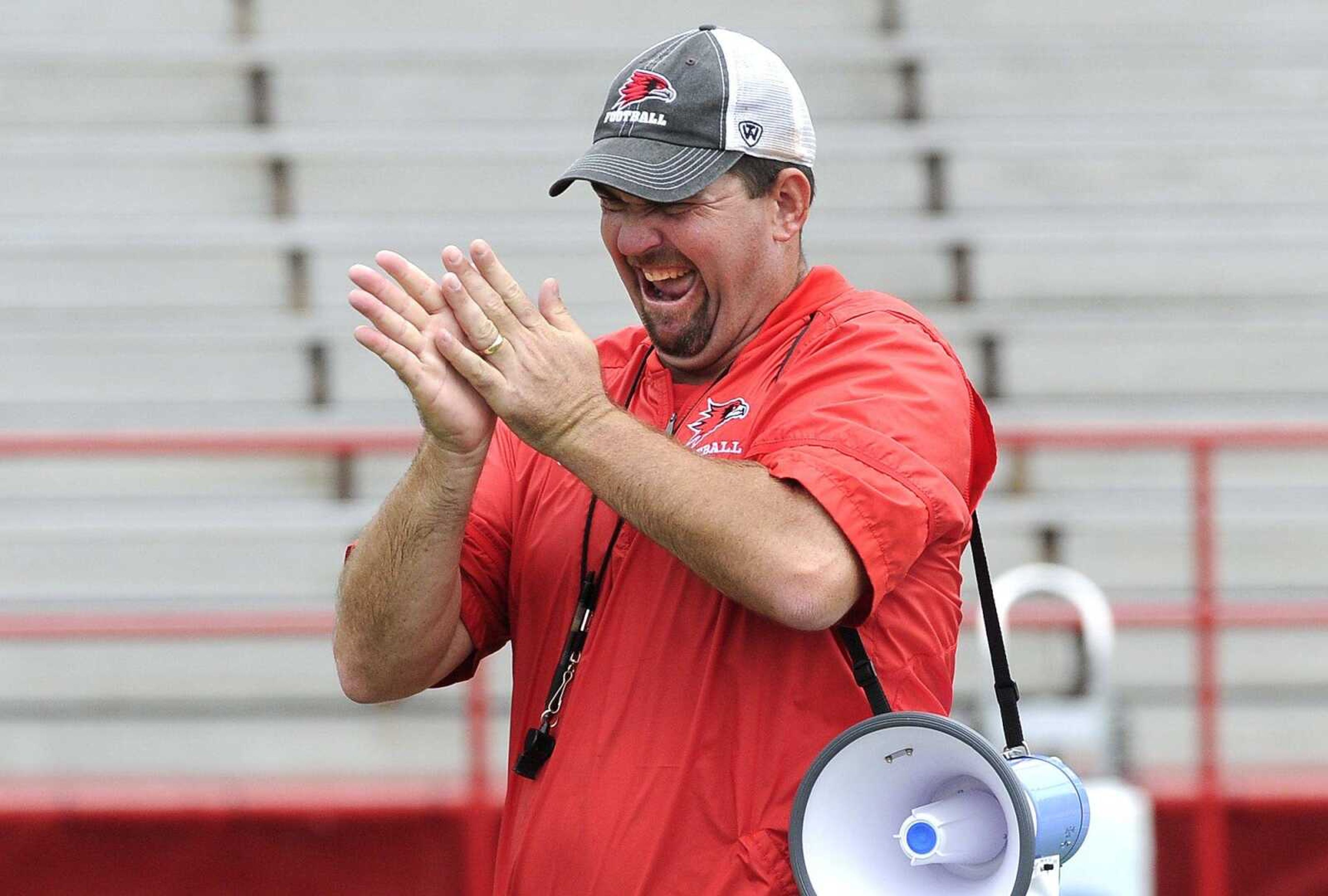 Southeast Missouri State coach Tom Matukewicz expresses himself during a scrimmage Saturday, Aug. 8, 2016 at Houck Stadium.