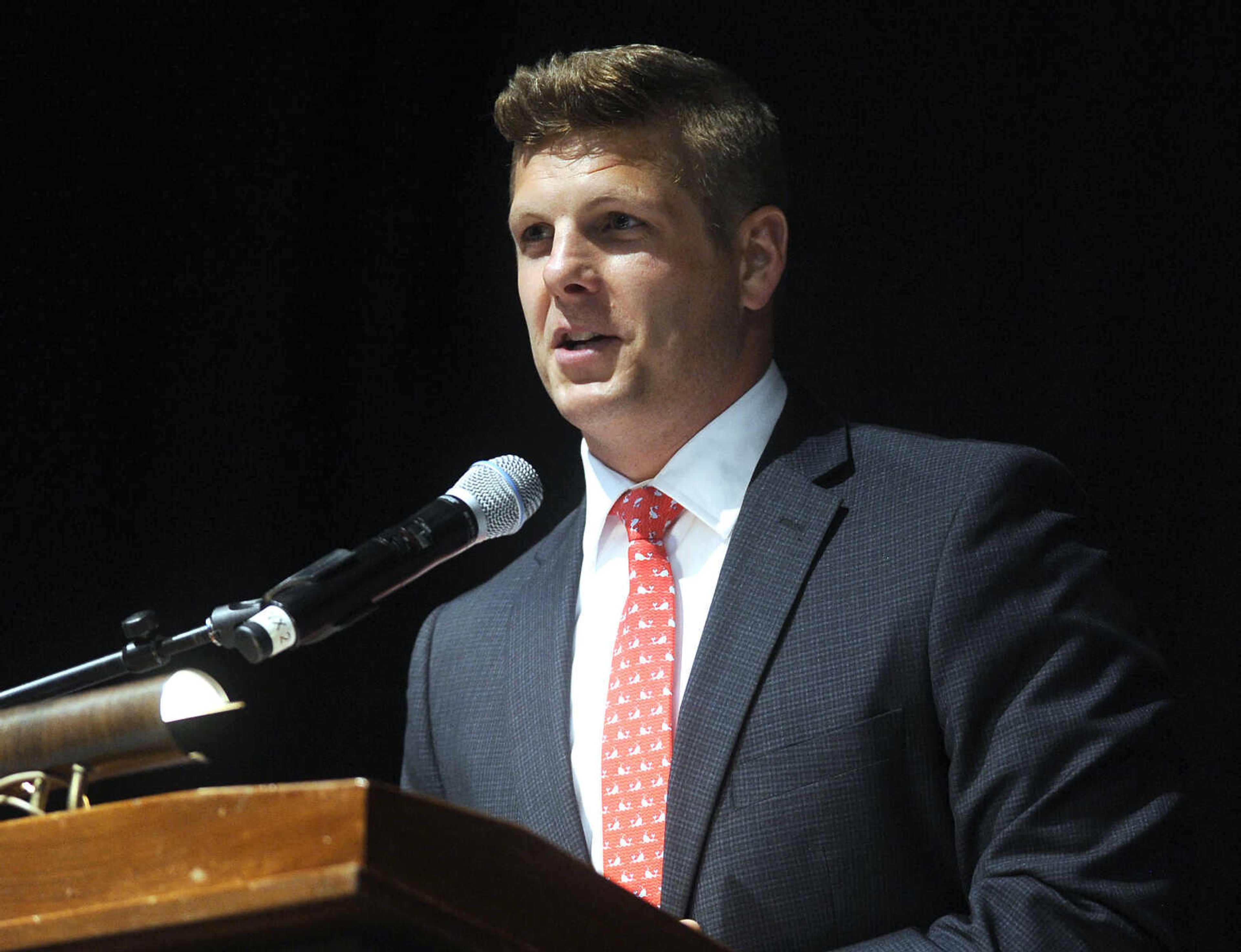 FRED LYNCH ~ flynch@semissourian.com
Jackson High School principal Seth Harrell announces the valedictorian at commencement Friday, May 18, 2018 at the Show Me Center.