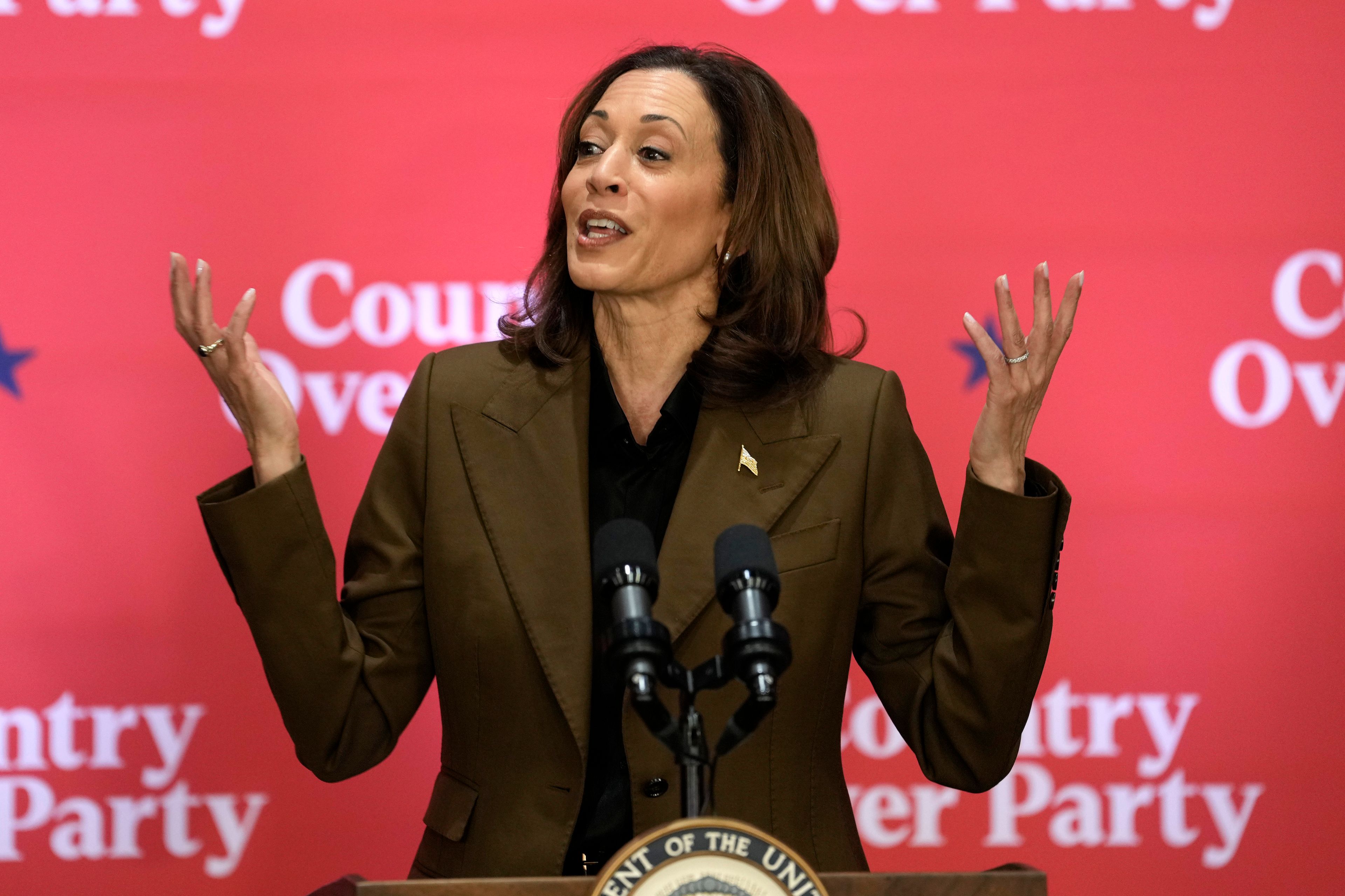 Democratic presidential nominee Vice President Kamala Harris speaks at a campaign event Friday, Oct. 11, 2024, at the Grayhawk Golf Club in Scottsdale, Ariz. (AP Photo/Ross D. Franklin)