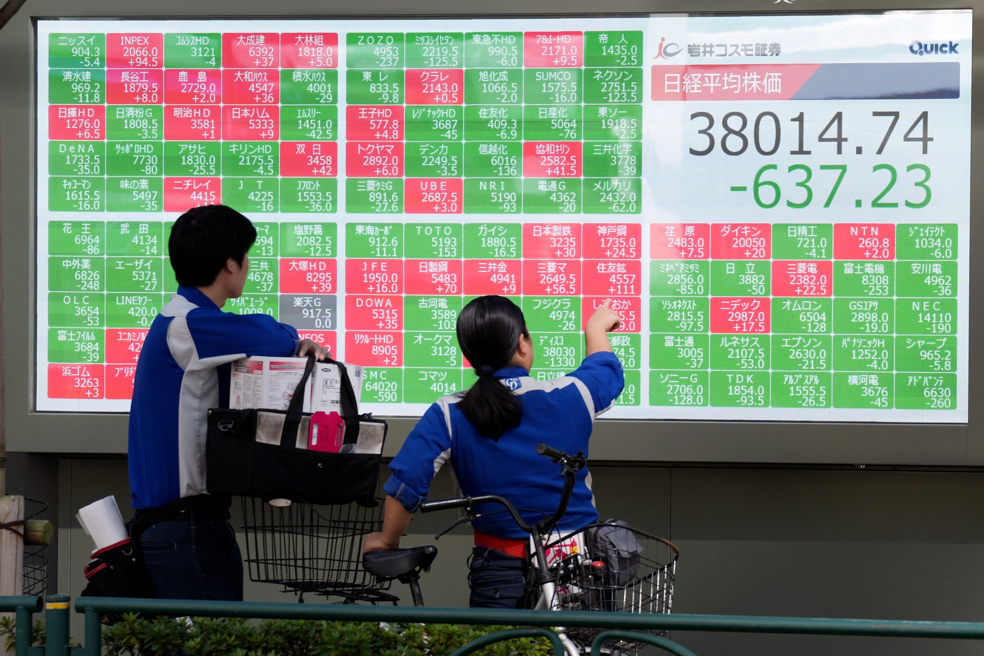 People watch an electronic stock board showing Japan's Nikkei index at a securities firm Wednesday, Oct. 2, 2024, in Tokyo. (AP Photo/Eugene Hoshiko)