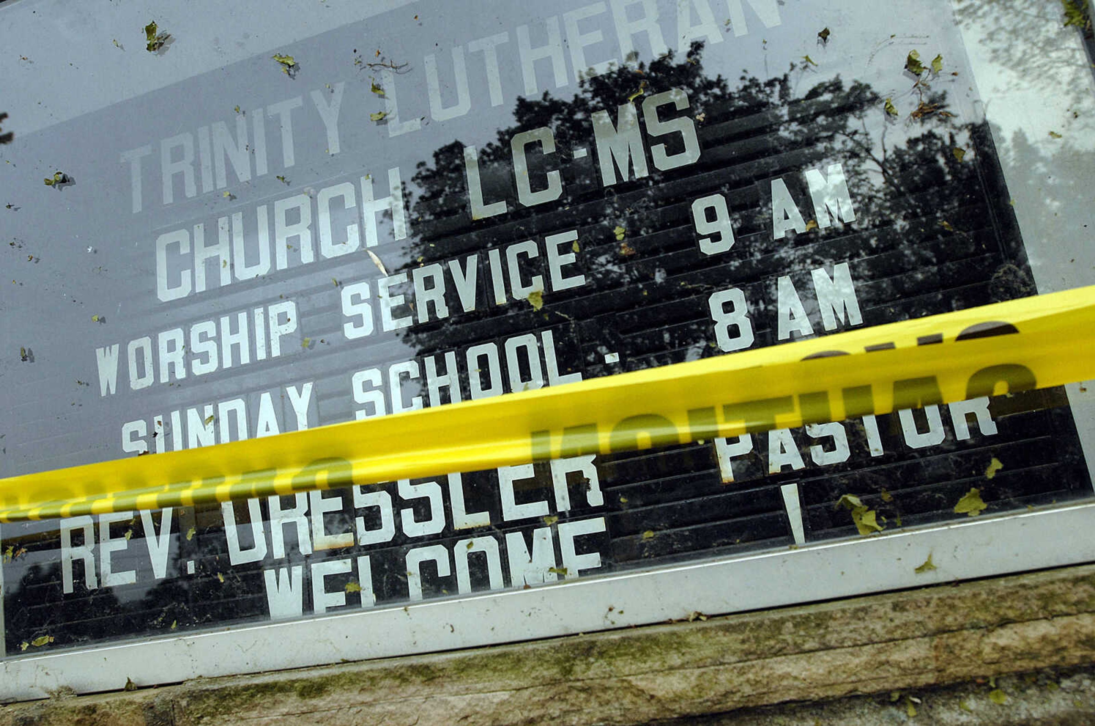 ELIZABETH DODD ~ edodd@semissourian.com
Caution tape surrounds Trinity Lutheran Church after the steeple was ripped off the roof in Altenburg.