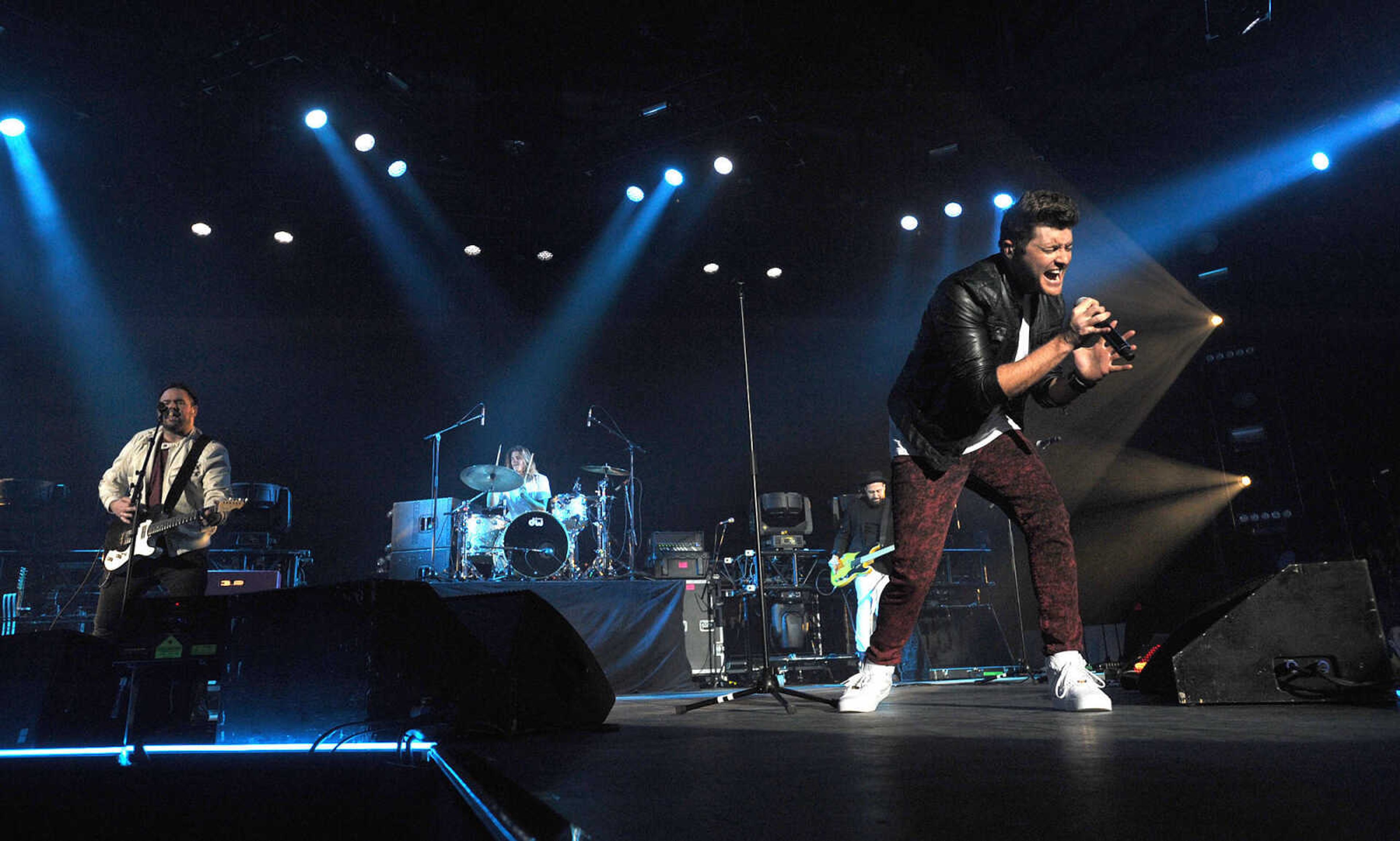 FRED LYNCH ~ flynch@semissourian.com
Audio Adrenaline with lead vocalist Adam Agee performs during the Rock & Worship Roadshow on Saturday night, Feb. 13, 2016 at the Show Me Center.