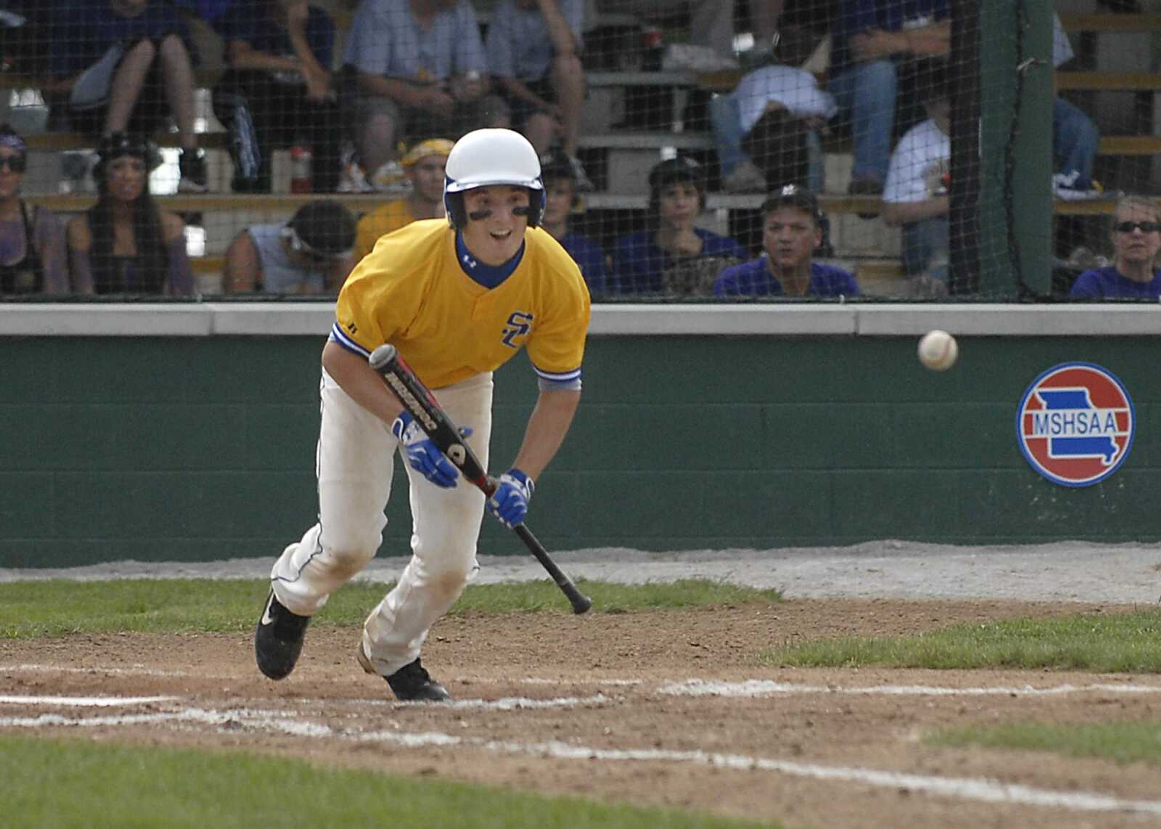 KIT DOYLE ~ kdoyle@semissourian.com
Scott City's Austin Raines watched his bunt Wednesday, May 28, 2008, in the Class 2 Semifinal at Meador Park in Springfield.