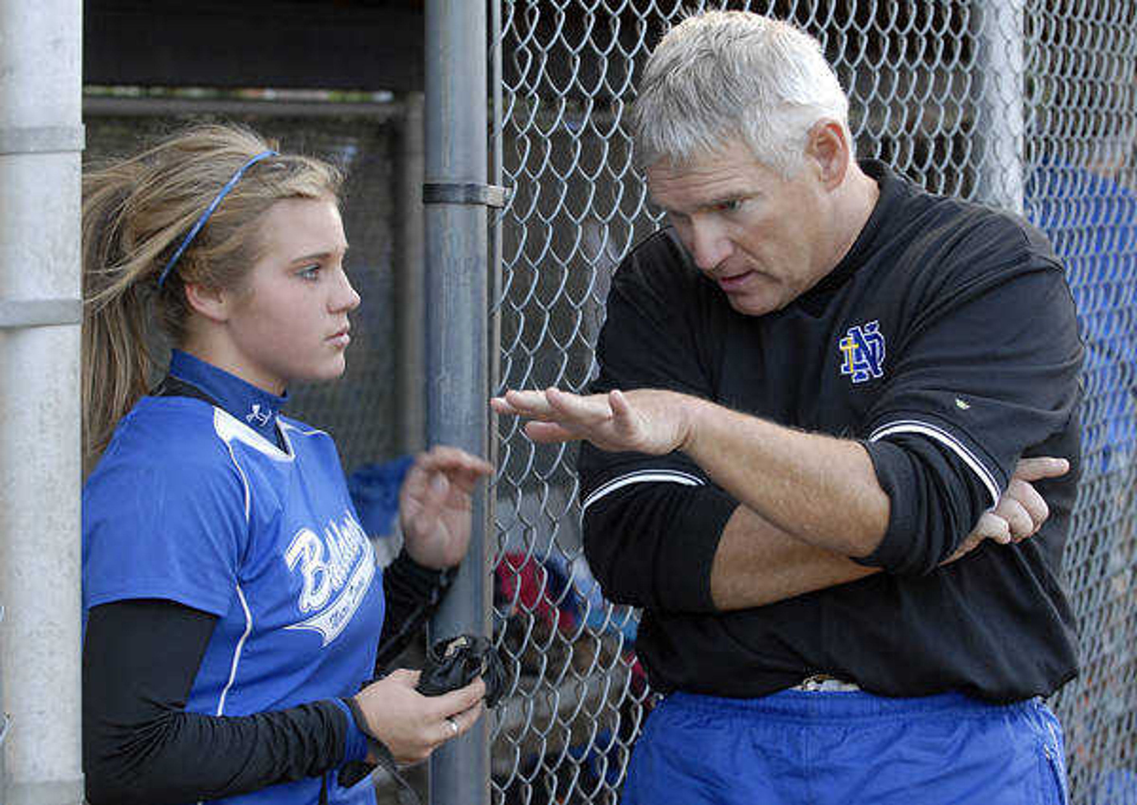 KIT DOYLE ~ kdoyle@semissourian.com
Coach Ray Reinagel discusses batting between innings Saturday afternoon, October 17, 2009, in Ballwin.